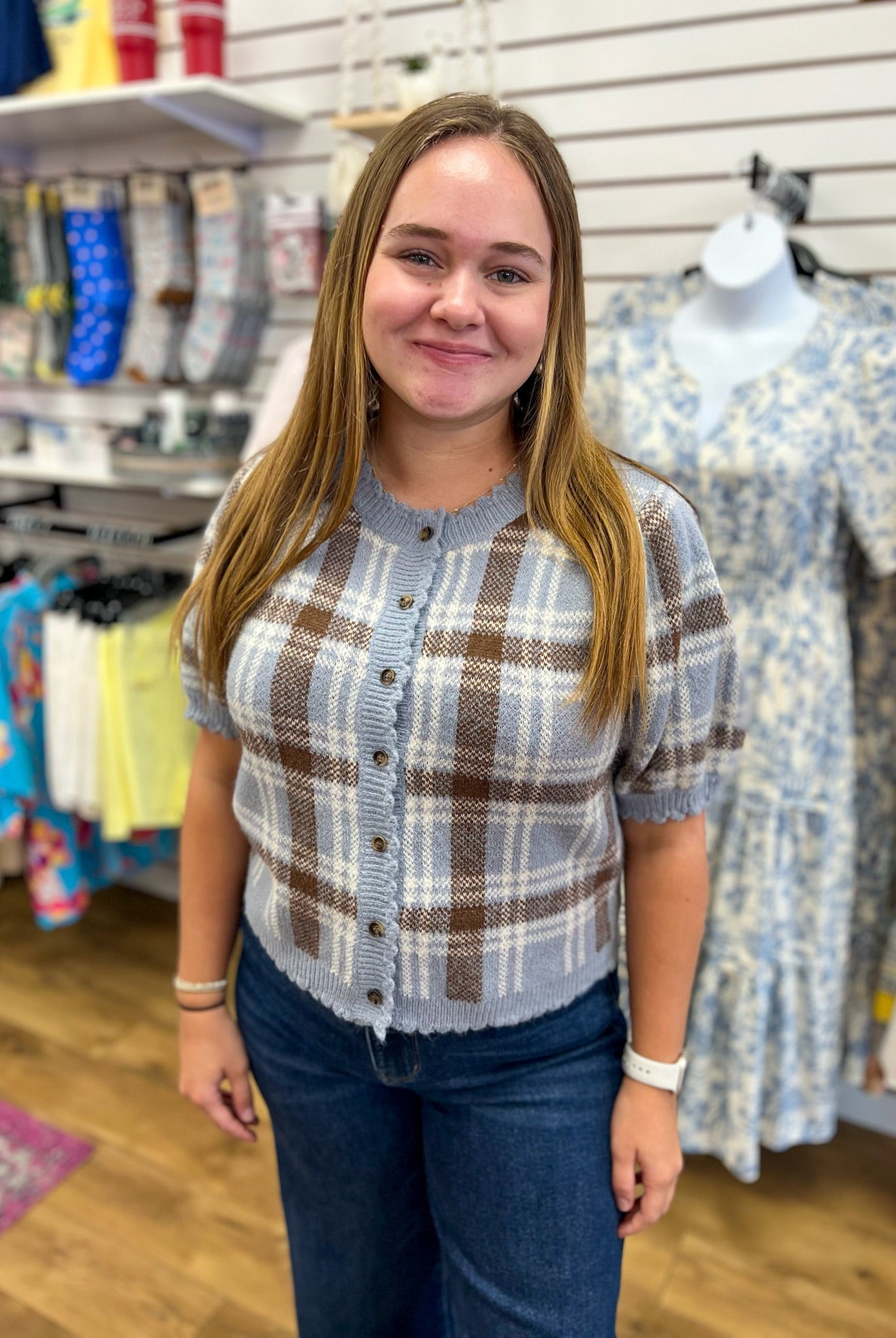 Dusty Blue and Brown Short Sleeve Button Up Sweater - A'Bekah's Boutique