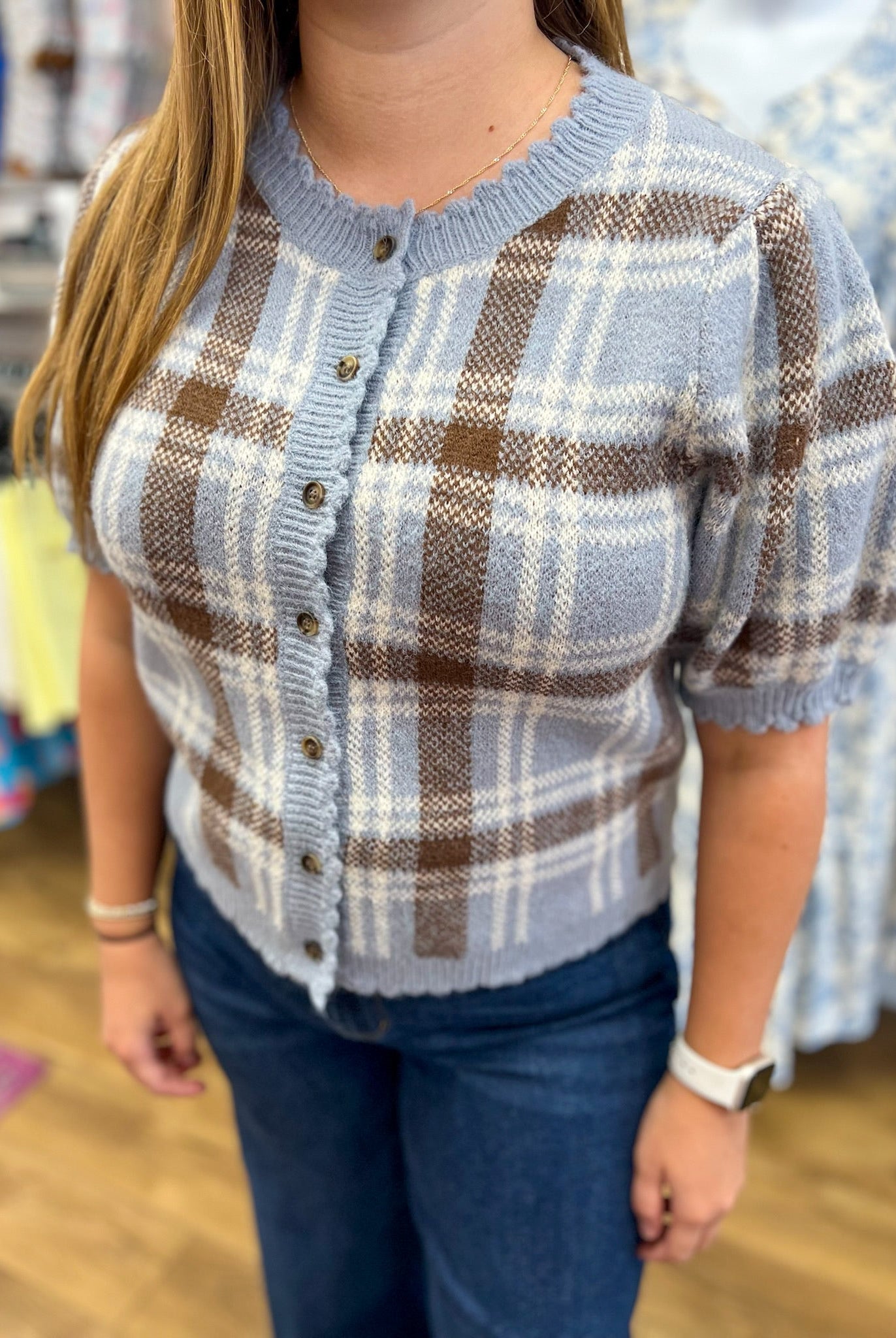 Dusty Blue and Brown Short Sleeve Button Up Sweater - A'Bekah's Boutique