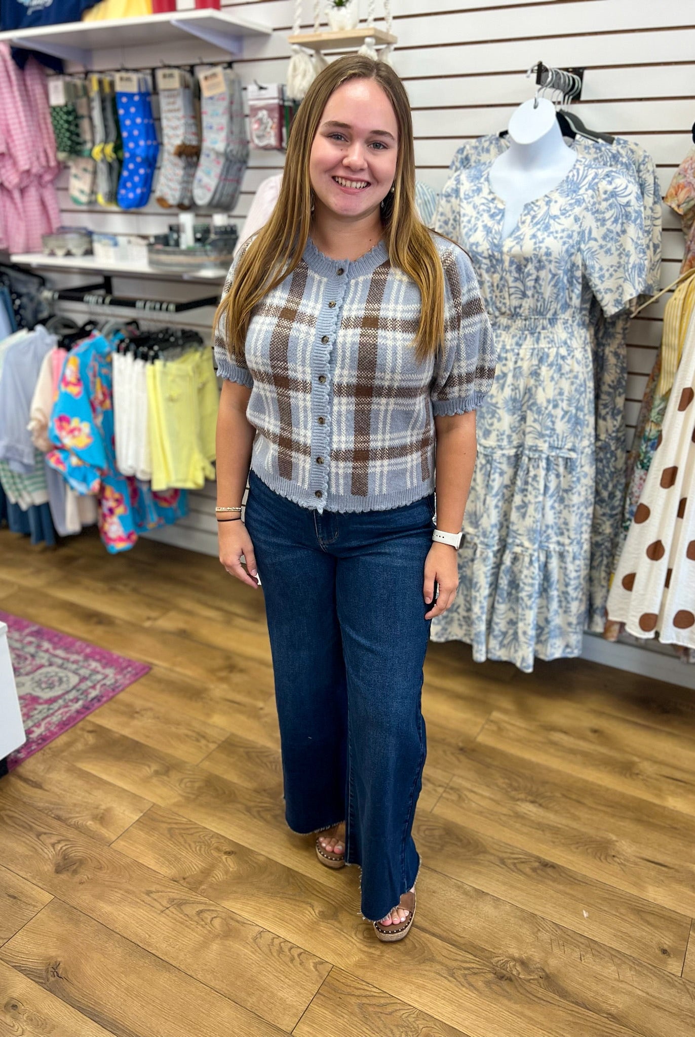 Dusty Blue and Brown Short Sleeve Button Up Sweater - A'Bekah's Boutique