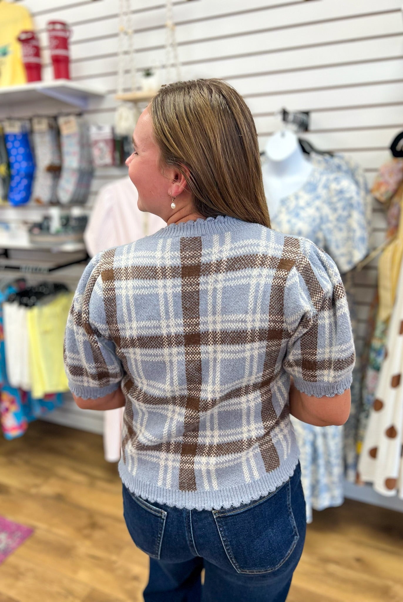 Dusty Blue and Brown Short Sleeve Button Up Sweater - A'Bekah's Boutique