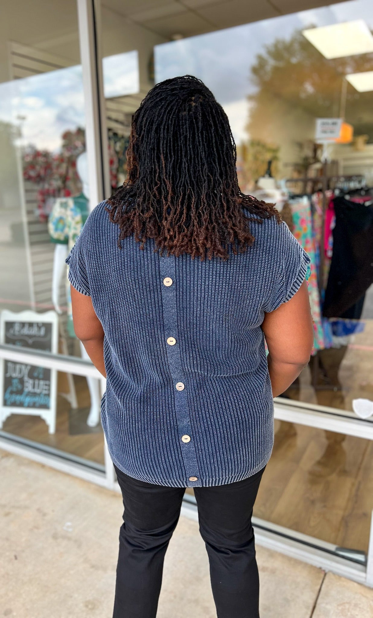 Ease My Troubles Short Tab Sleeve Sweater with Back Buttons (C) - A'Bekah's Boutique