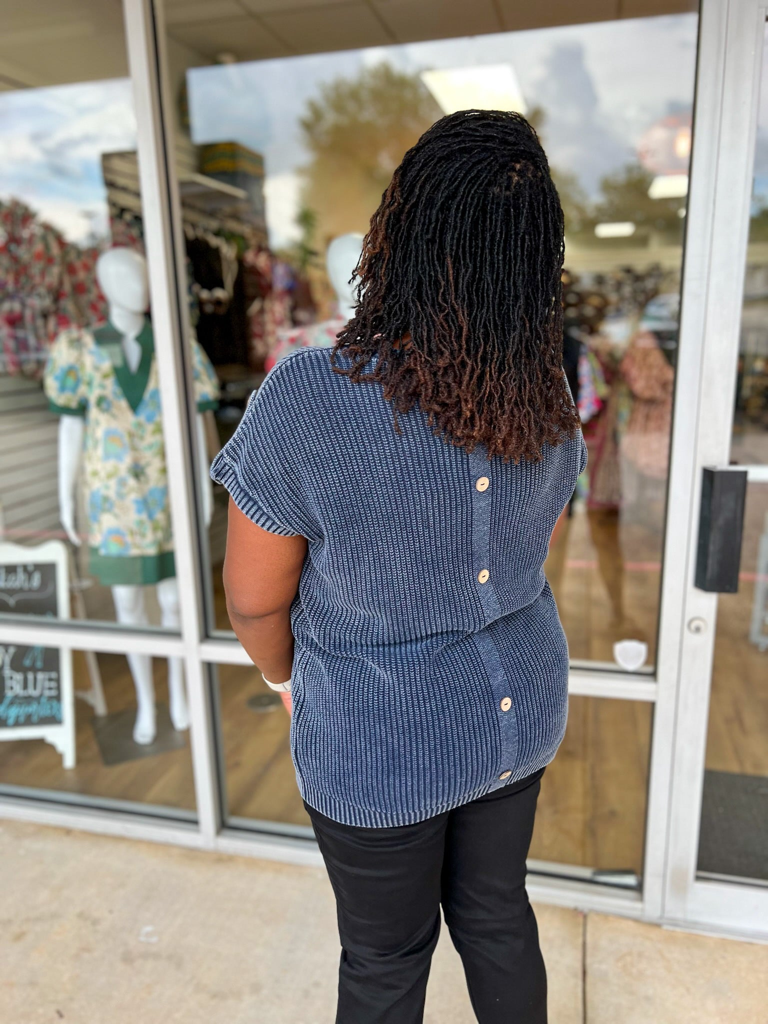 Ease My Troubles Short Tab Sleeve Sweater with Back Buttons (C) - A'Bekah's Boutique