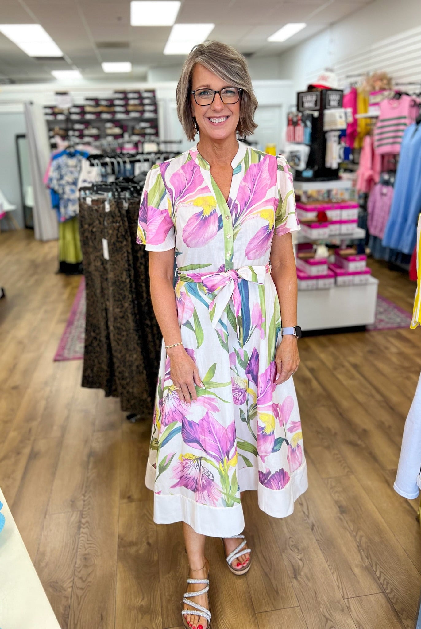 Ecru and Pink Floral Tie Waist and Flutter Sleeves - A'Bekah's Boutique
