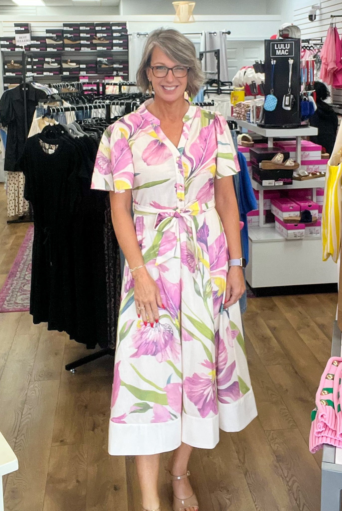 Ecru and Pink Floral Tie Waist and Flutter Sleeves - A'Bekah's Boutique
