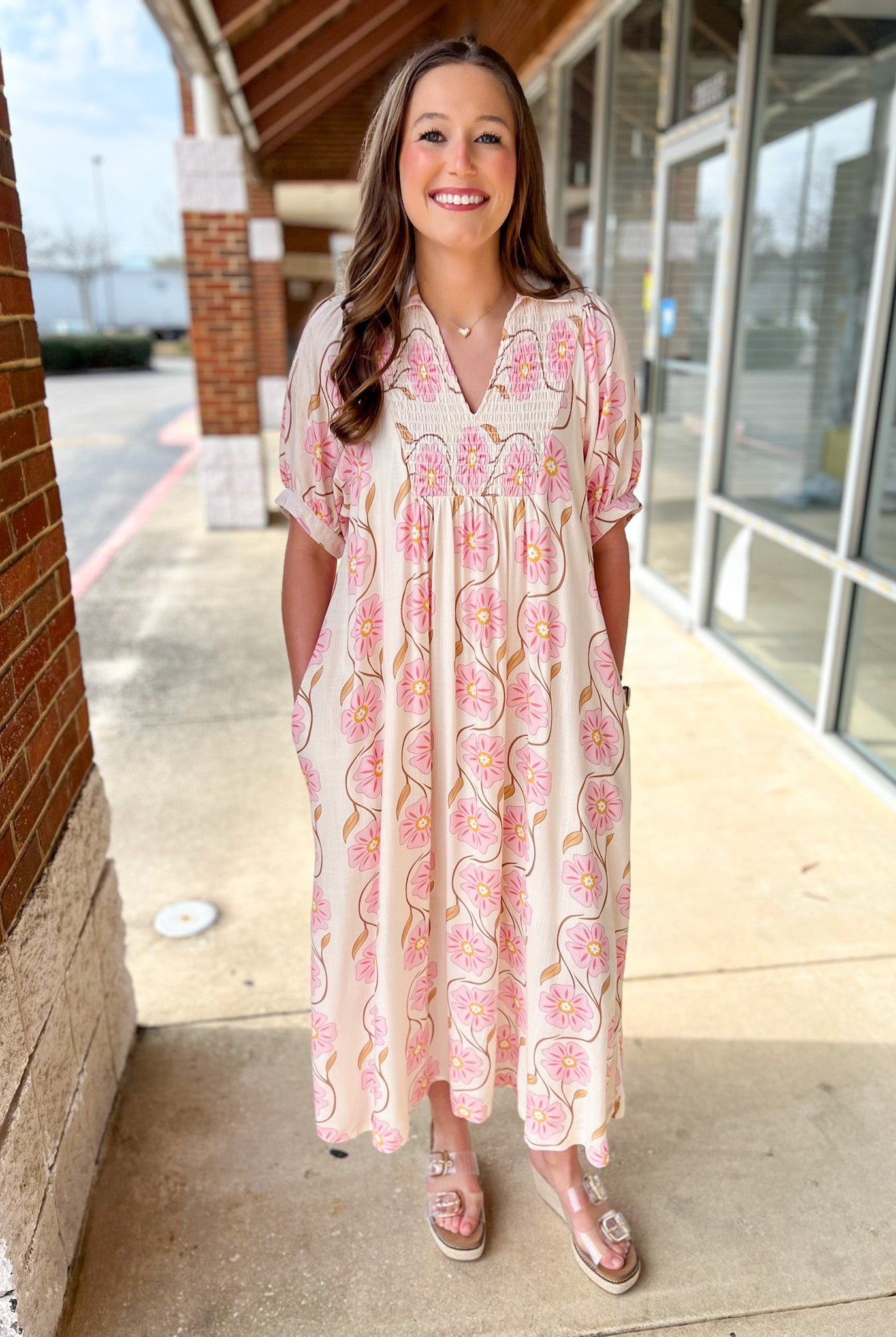 Ecru and Pink Floral V - Neck Midi Dress with Short Sleeves - A'Bekah's Boutique