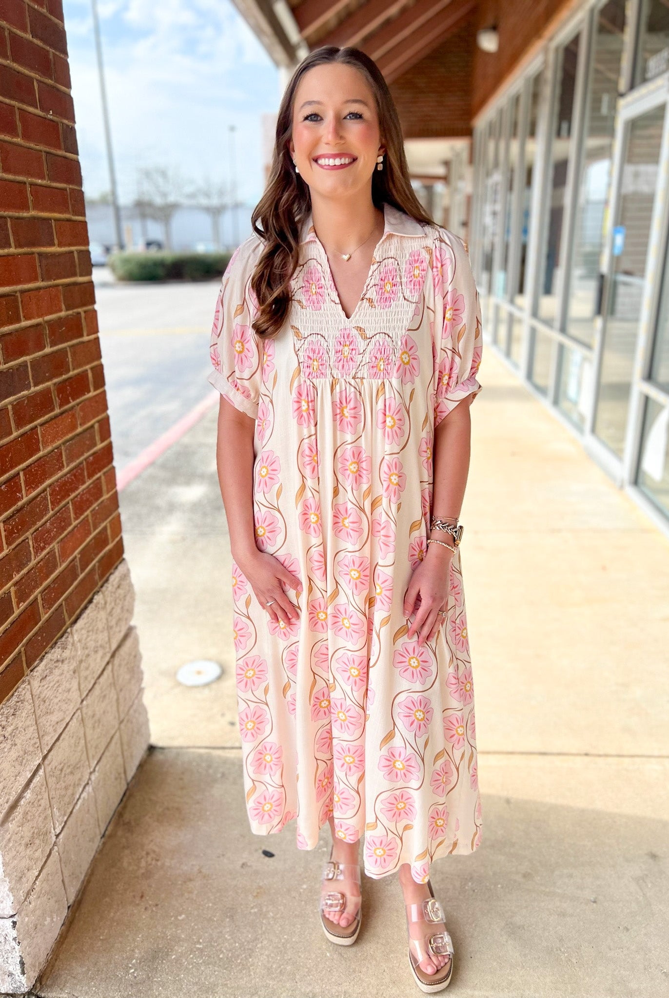 Ecru and Pink Floral V - Neck Midi Dress with Short Sleeves - A'Bekah's Boutique