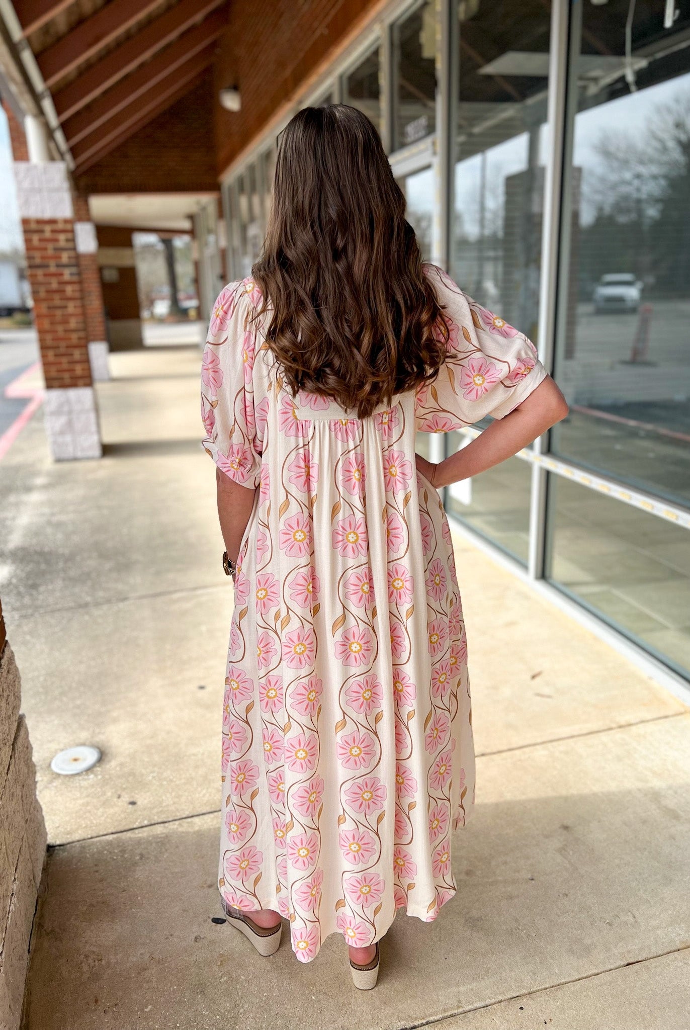 Ecru and Pink Floral V - Neck Midi Dress with Short Sleeves - A'Bekah's Boutique