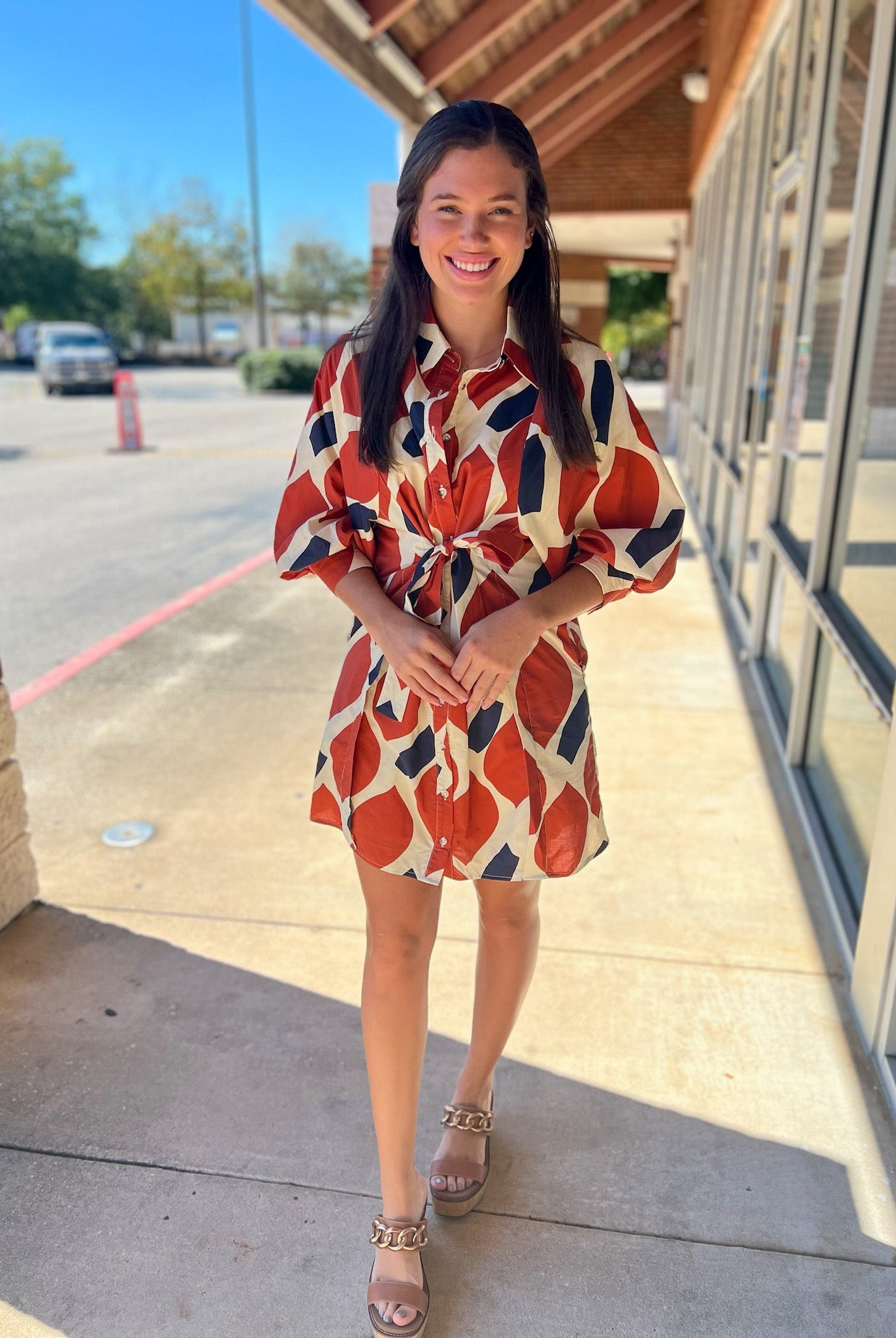 Ecru and Rust Button Up Dress with Front Tie (R) - A'Bekah's Boutique