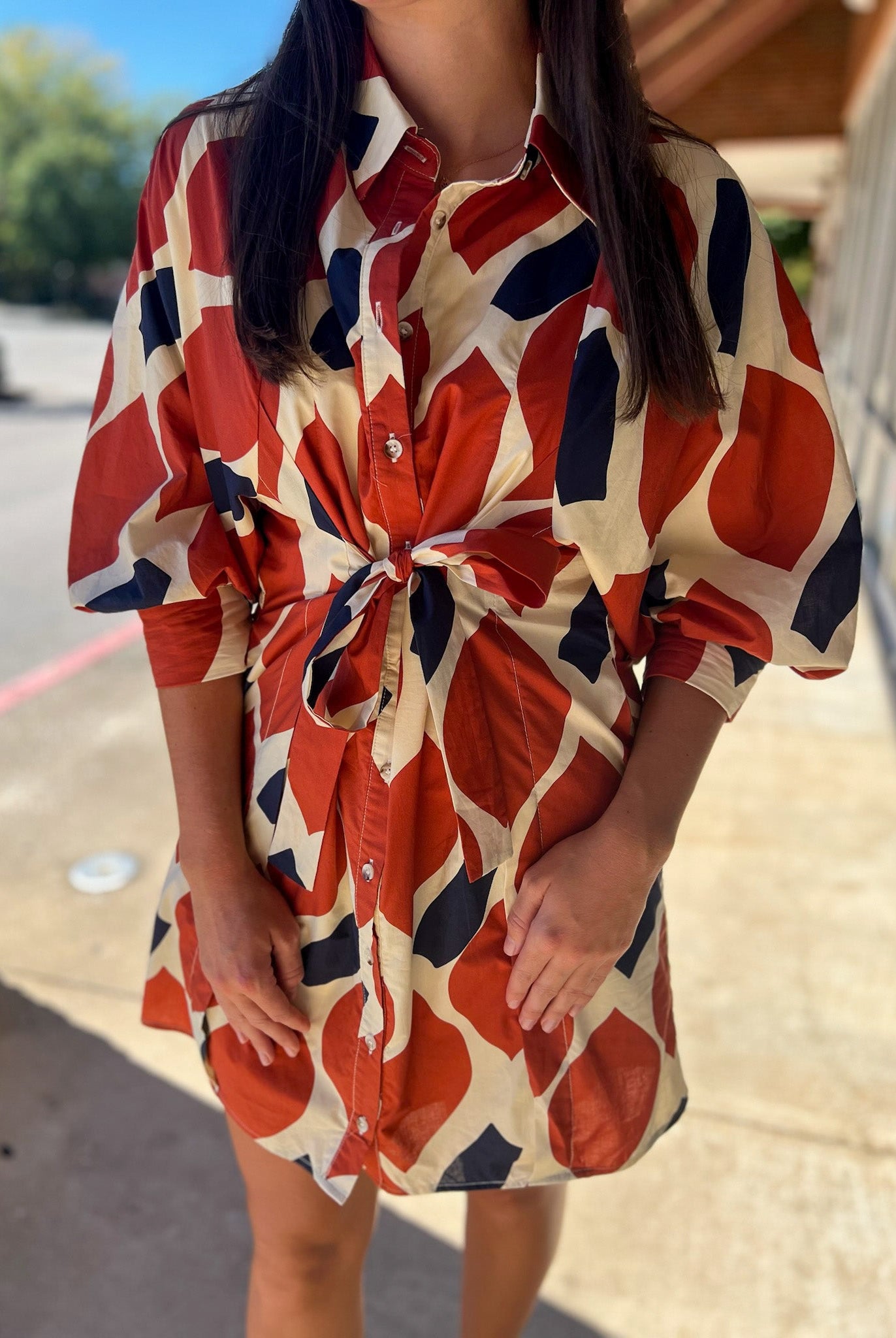 Ecru and Rust Button Up Dress with Front Tie (R) - A'Bekah's Boutique
