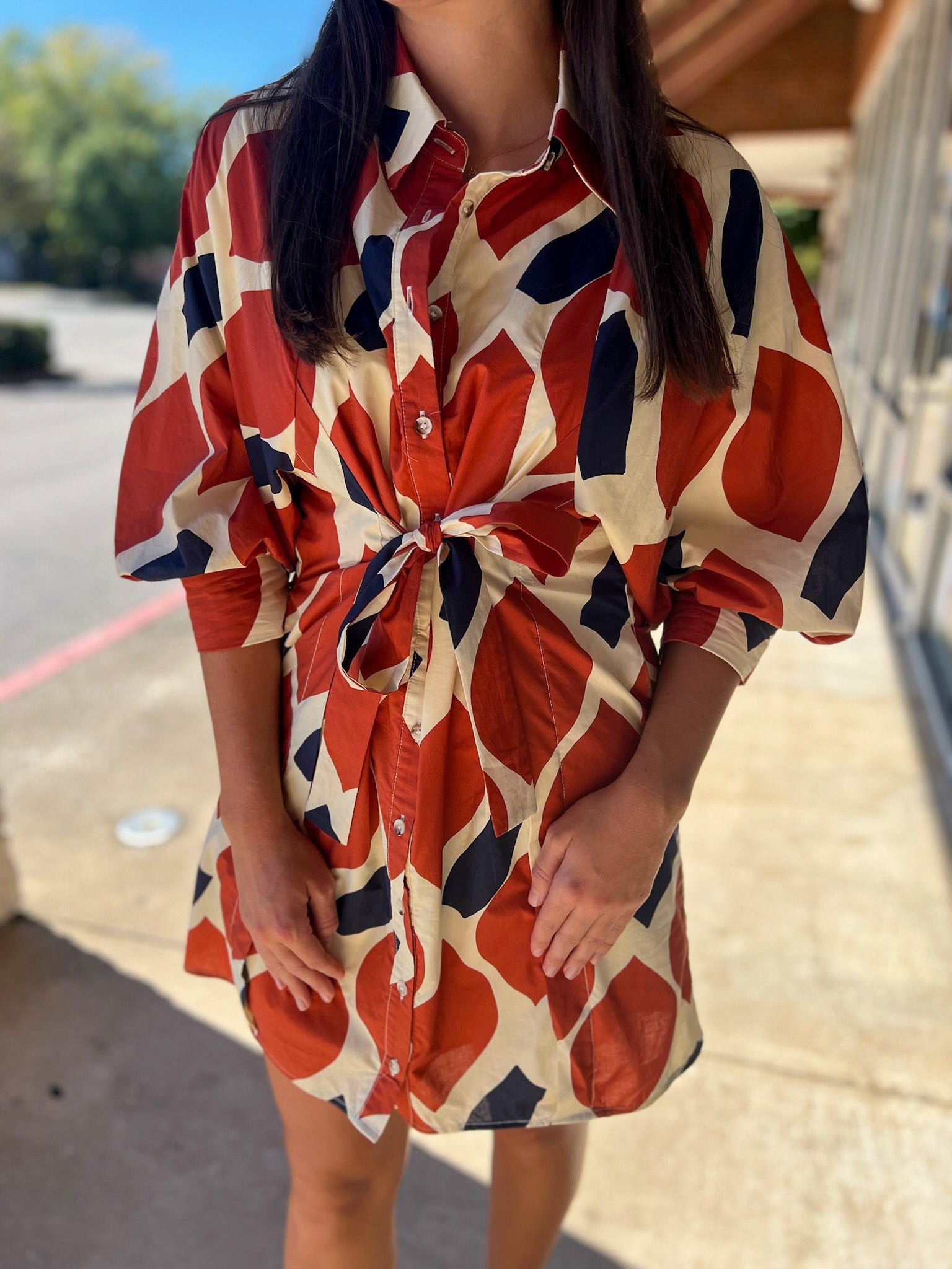 Ecru and Rust Button Up Dress with Front Tie (R) - A'Bekah's Boutique