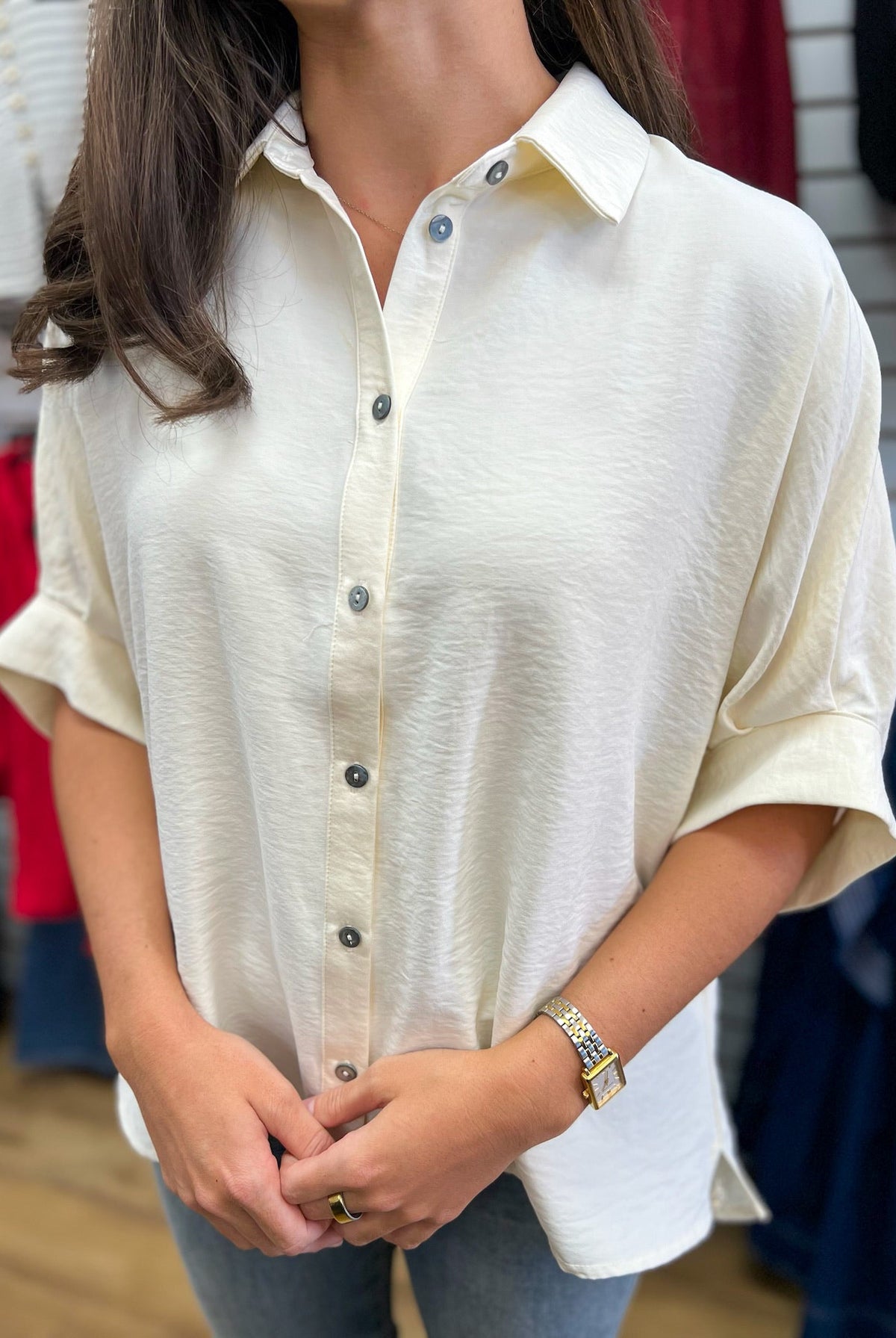 Ecru Button Down Top with Short Dolman Sleeves - A'Bekah's Boutique