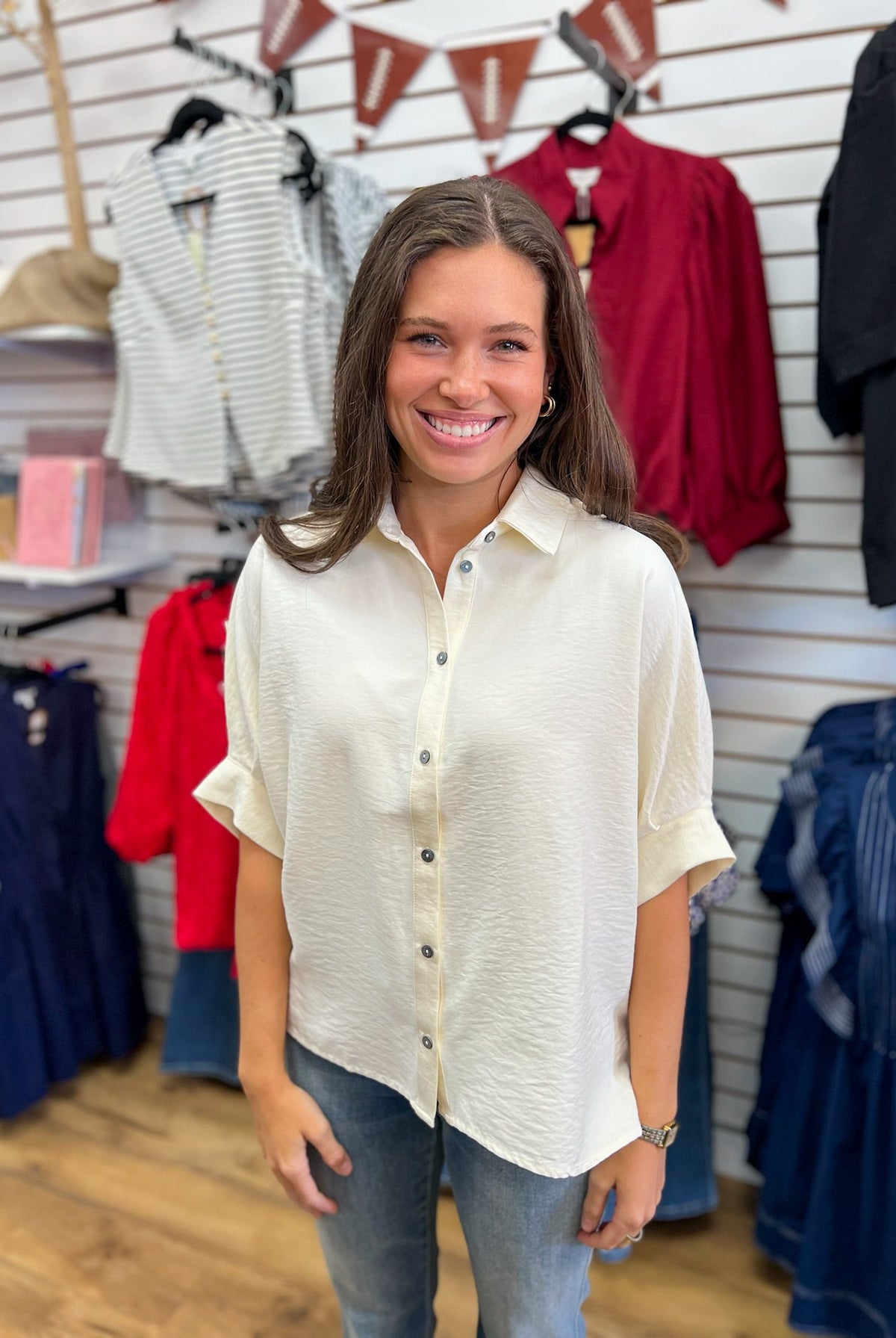 Ecru Button Down Top with Short Dolman Sleeves - A'Bekah's Boutique