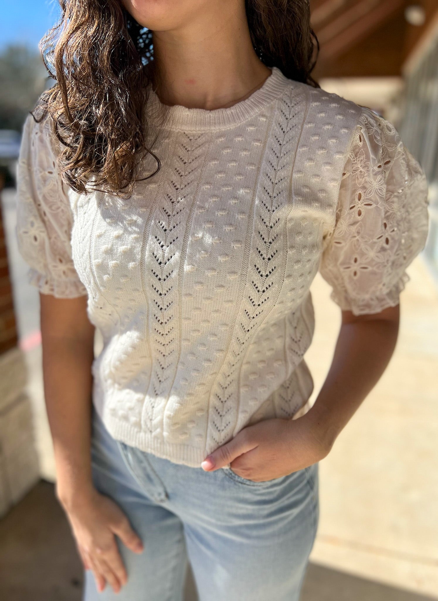 Ecru Cable Knit Sweater with Eyelet Short Puff Sleeves - A'Bekah's Boutique
