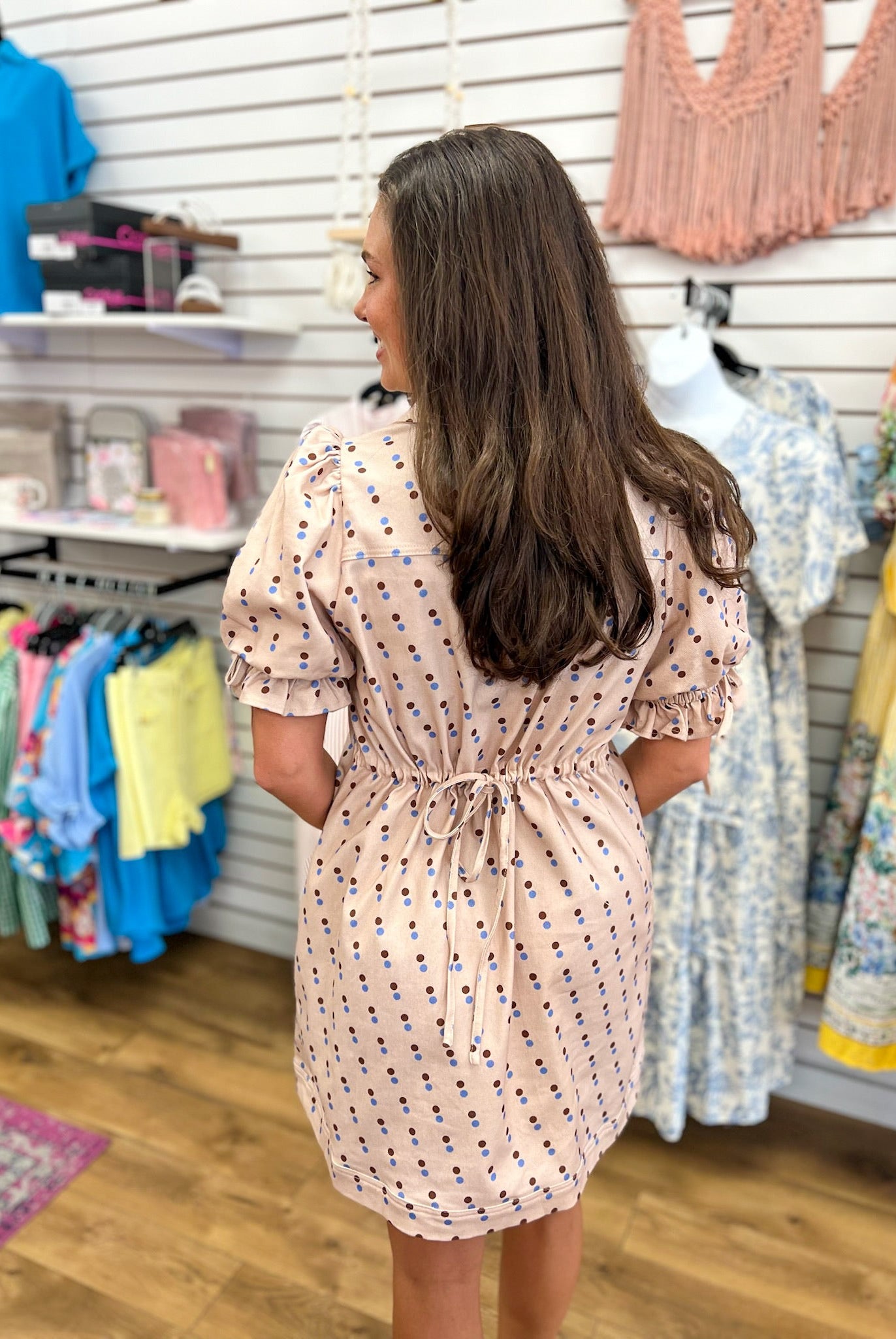 Ecru Denim Polka Dot Short Sleeve Dress with Drawstring Waist - A'Bekah's Boutique