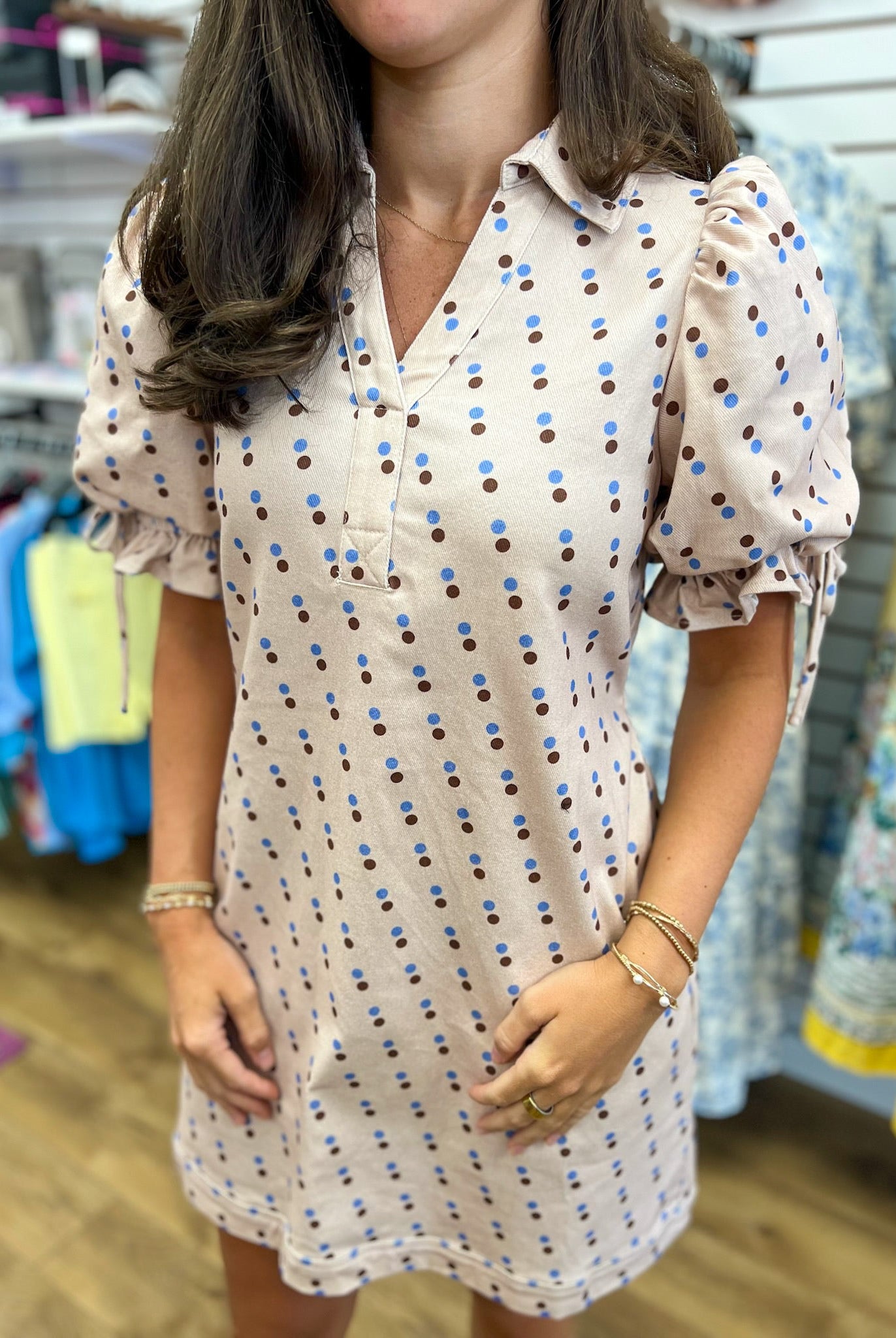 Ecru Denim Polka Dot Short Sleeve Dress with Drawstring Waist - A'Bekah's Boutique