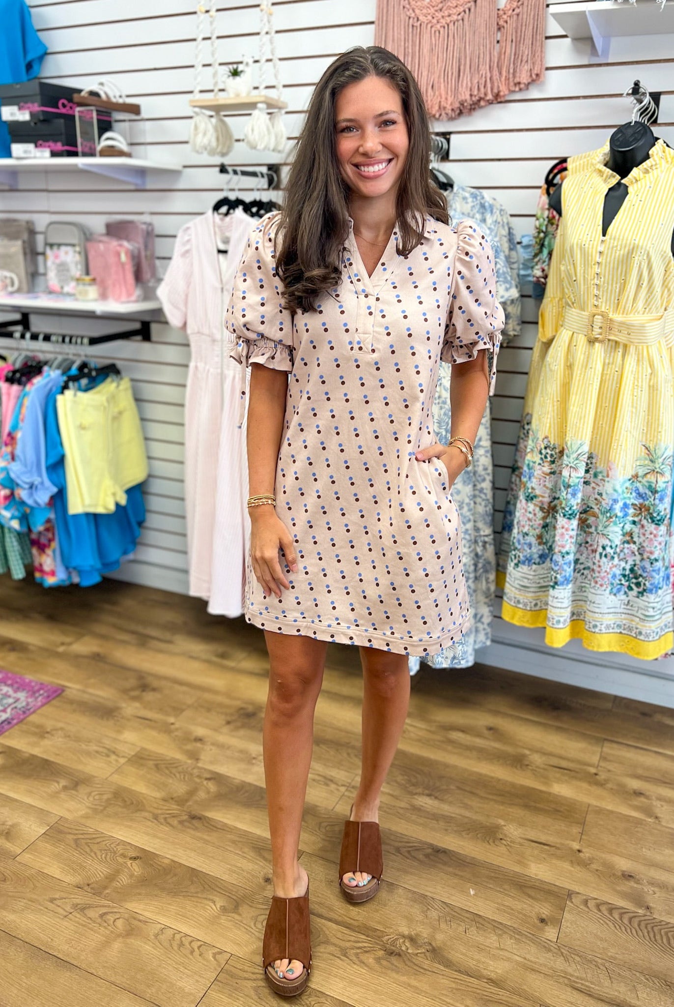 Ecru Denim Polka Dot Short Sleeve Dress with Drawstring Waist - A'Bekah's Boutique