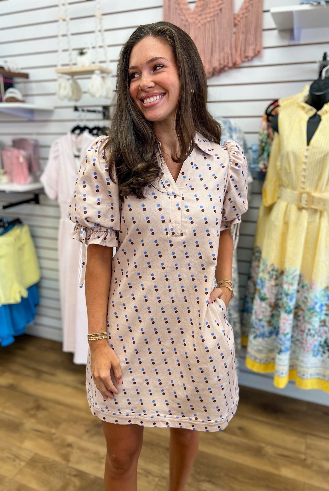 Ecru Denim Polka Dot Short Sleeve Dress with Drawstring Waist - A'Bekah's Boutique