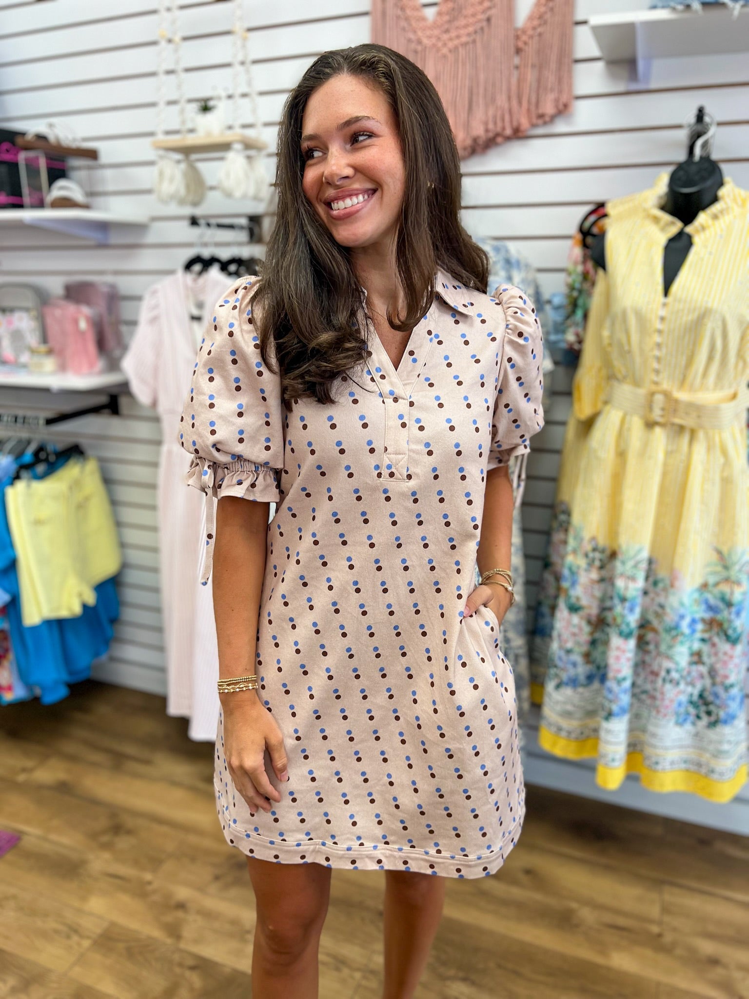Ecru Denim Polka Dot Short Sleeve Dress with Drawstring Waist - A'Bekah's Boutique