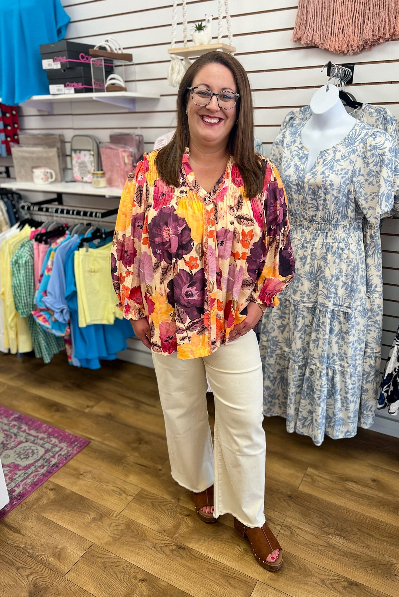 Ecru Floral Mix Top with Pintuck Pleating - A'Bekah's Boutique