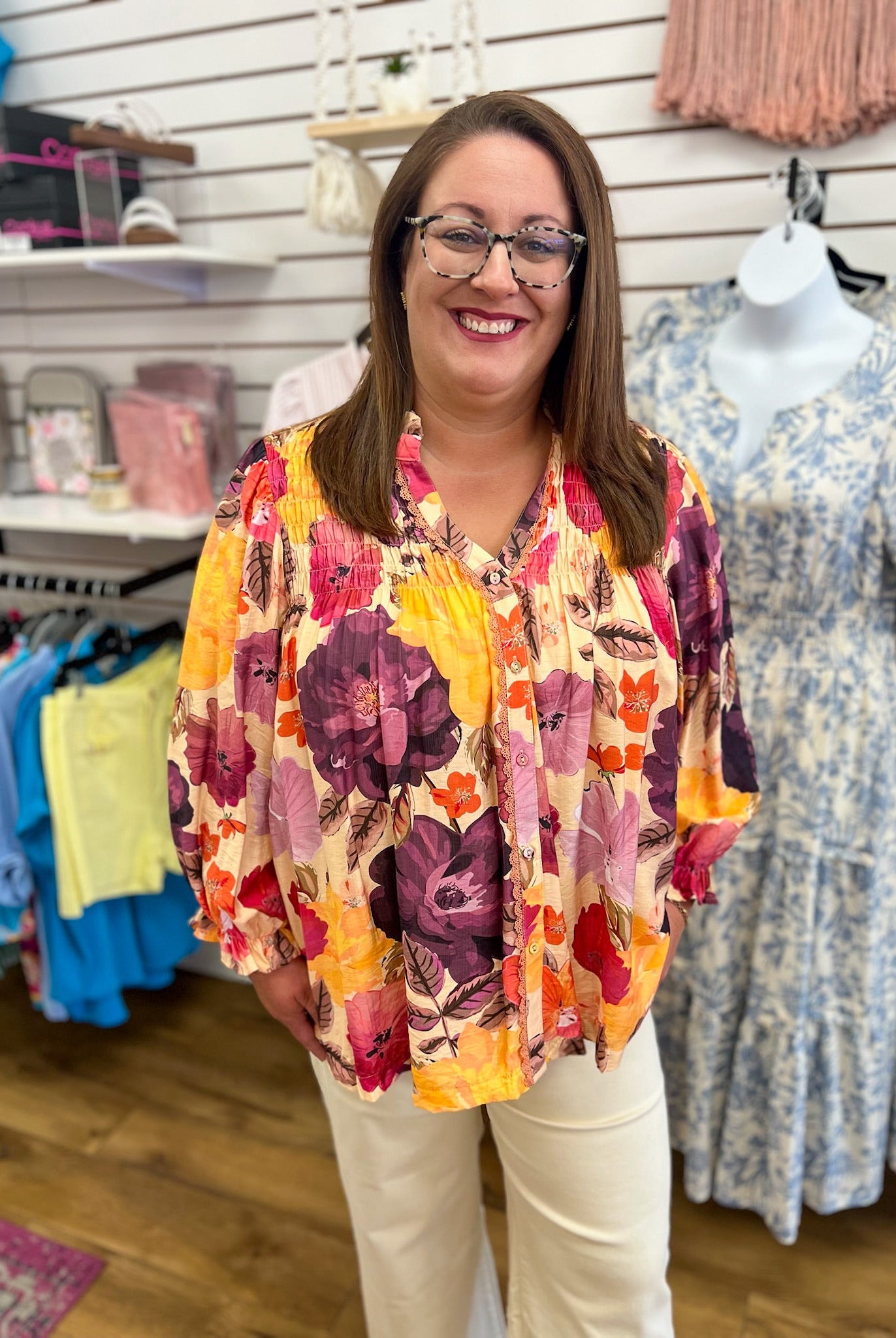Ecru Floral Mix Top with Pintuck Pleating - A'Bekah's Boutique