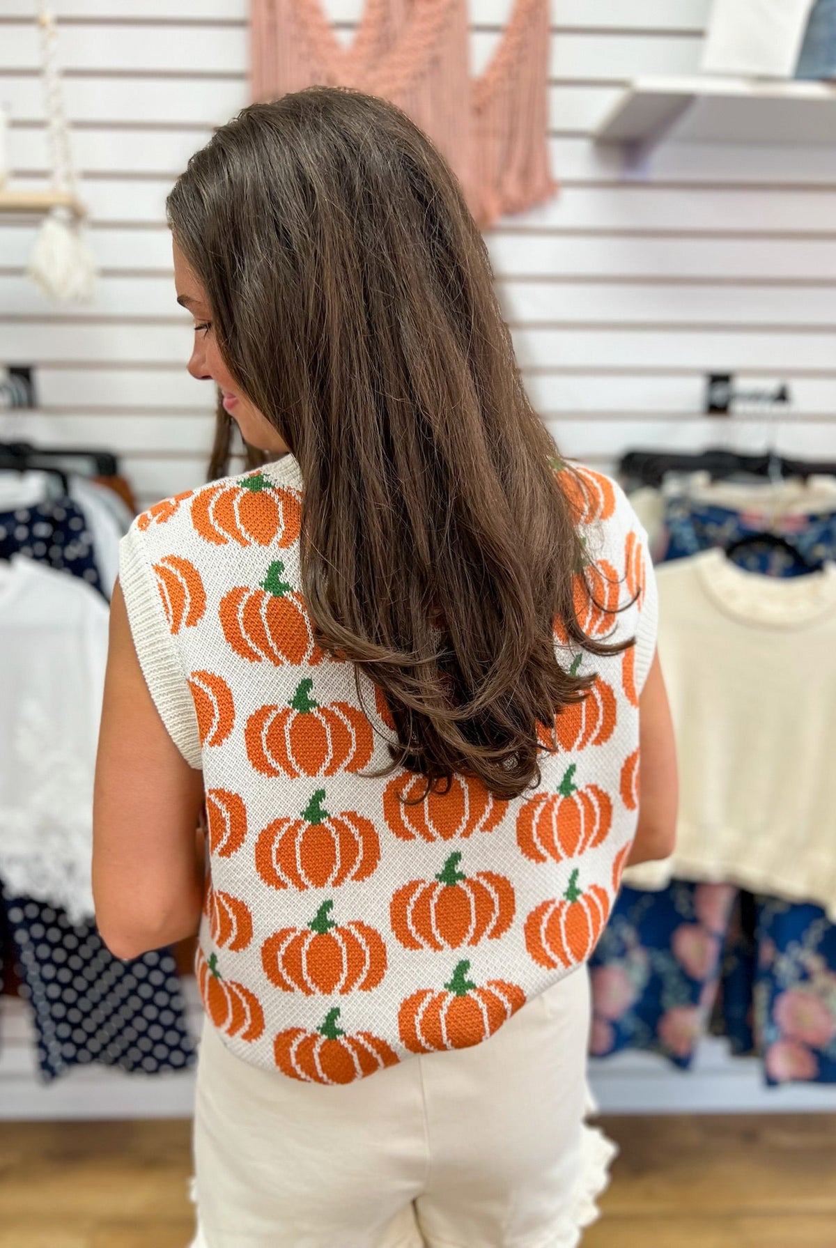 Ecru Knit Sleeveless Vest with Pumpkins - A'Bekah's Boutique