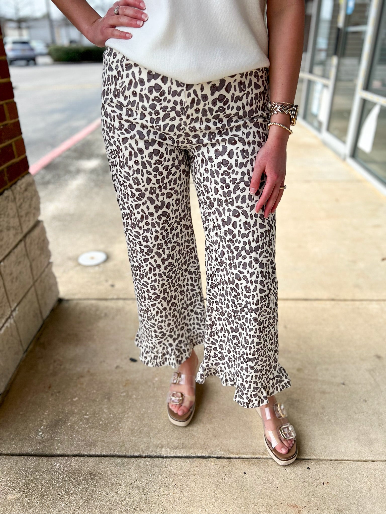Ecru Leopard Print Wide Leg Pant with Ruffle Hem - A'Bekah's Boutique