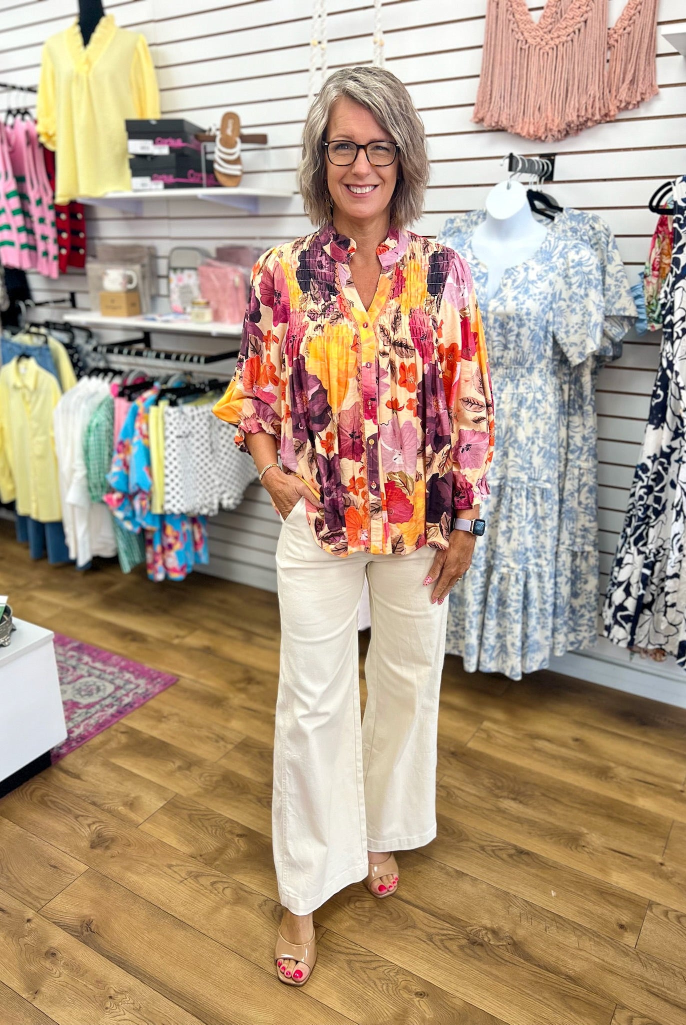 Ecru Mix Floral V-Neck Button Up Top - A'Bekah's Boutique