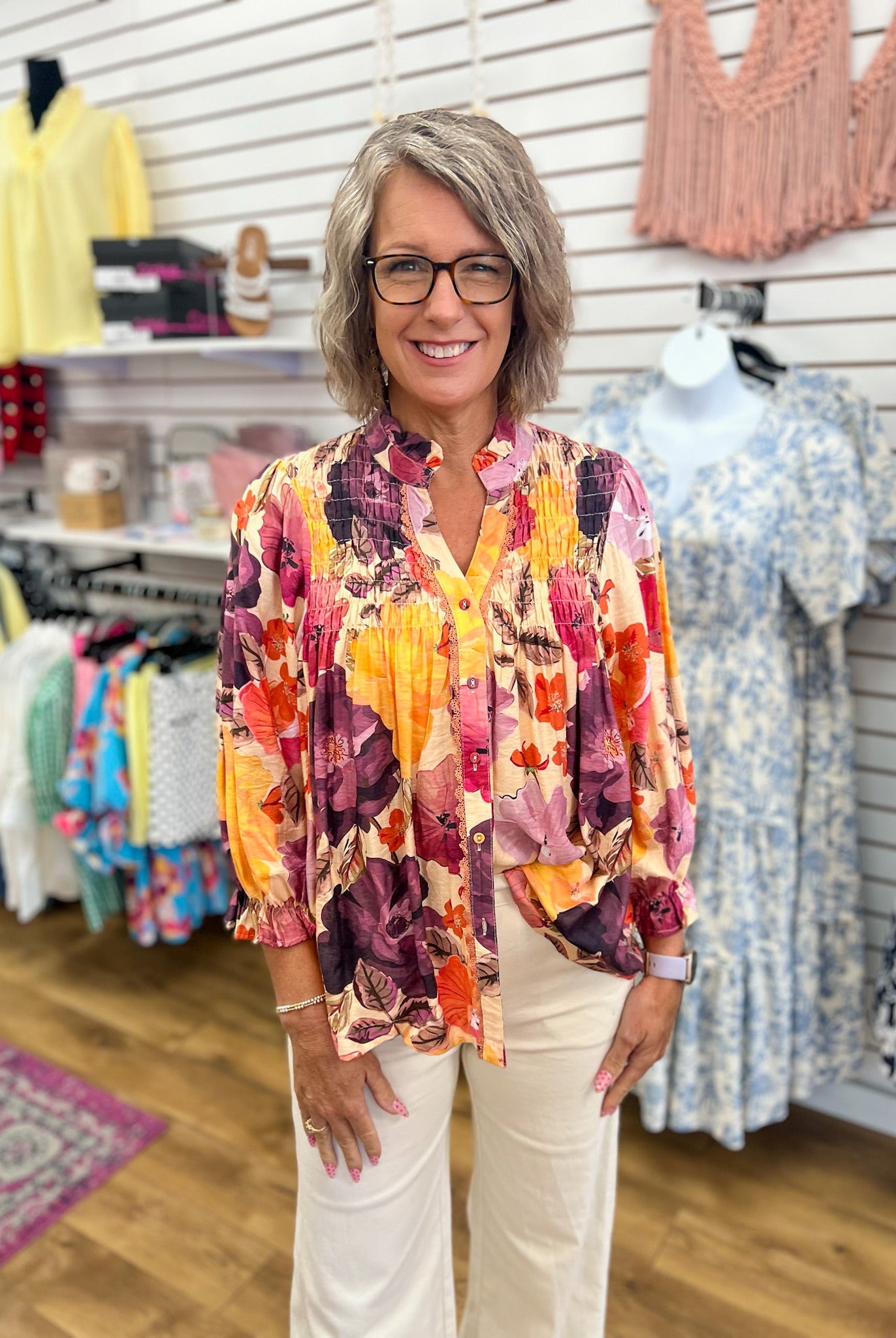 Ecru Mix Floral V-Neck Button Up Top - A'Bekah's Boutique
