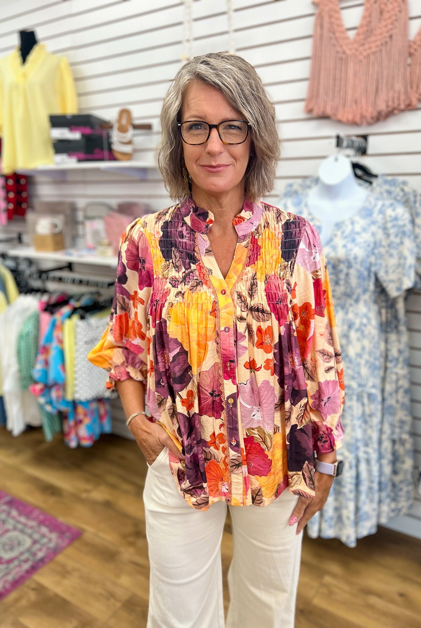 Ecru Mix Floral V-Neck Button Up Top - A'Bekah's Boutique
