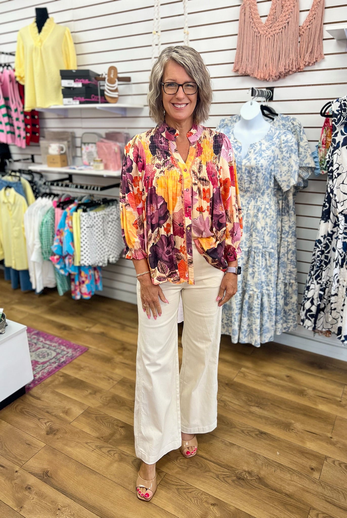 Ecru Mix Floral V-Neck Button Up Top - A'Bekah's Boutique