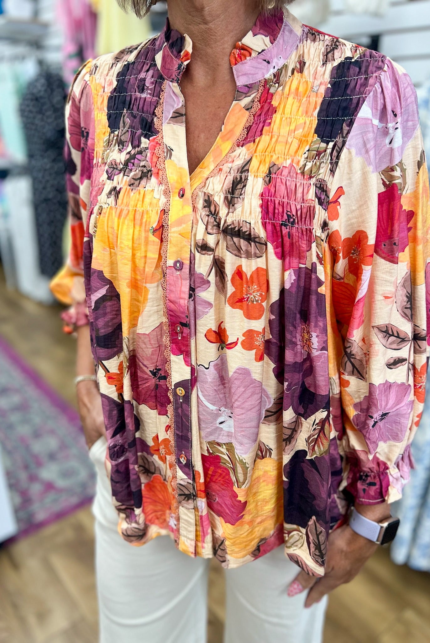 Ecru Mix Floral V-Neck Button Up Top - A'Bekah's Boutique
