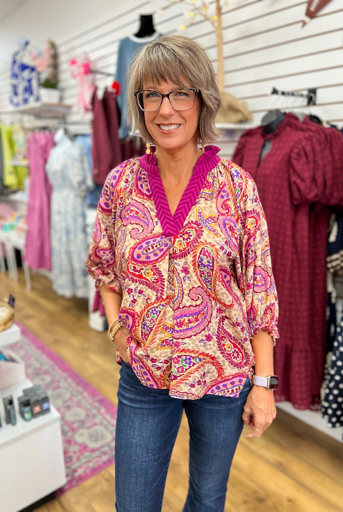 Ecru Paisley Embroidered V-Neck Top with 3/4 Balloon Sleeves - A'Bekah's Boutique