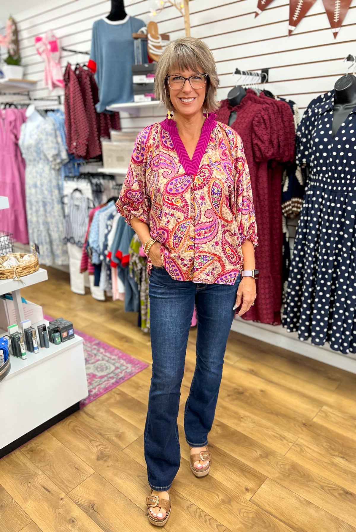Ecru Paisley Embroidered V-Neck Top with 3/4 Balloon Sleeves - A'Bekah's Boutique