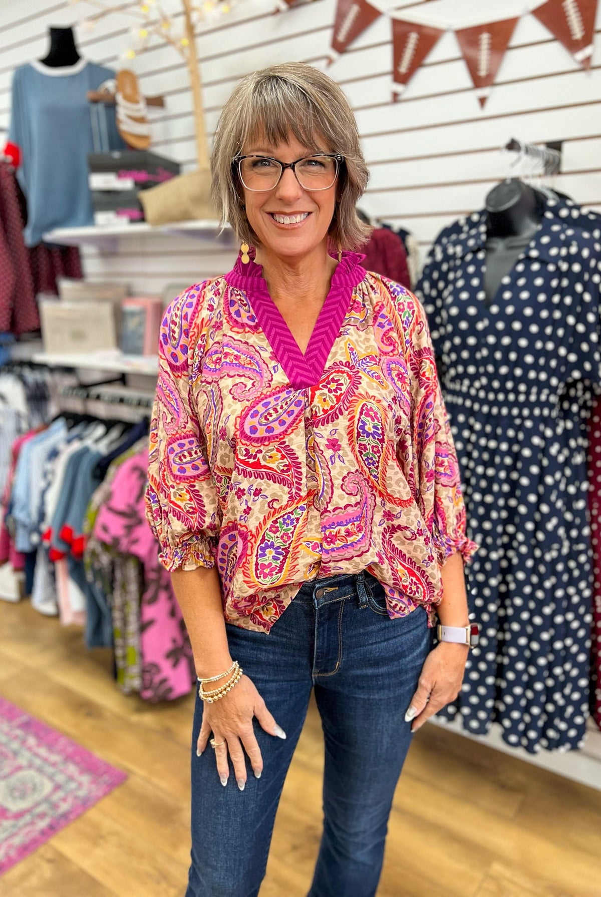 Ecru Paisley Embroidered V-Neck Top with 3/4 Balloon Sleeves - A'Bekah's Boutique