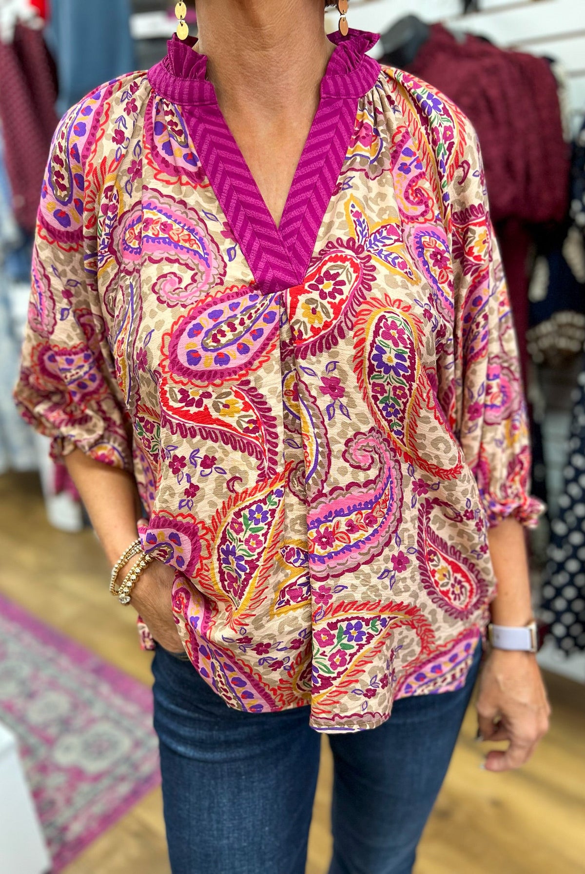 Ecru Paisley Embroidered V-Neck Top with 3/4 Balloon Sleeves - A'Bekah's Boutique