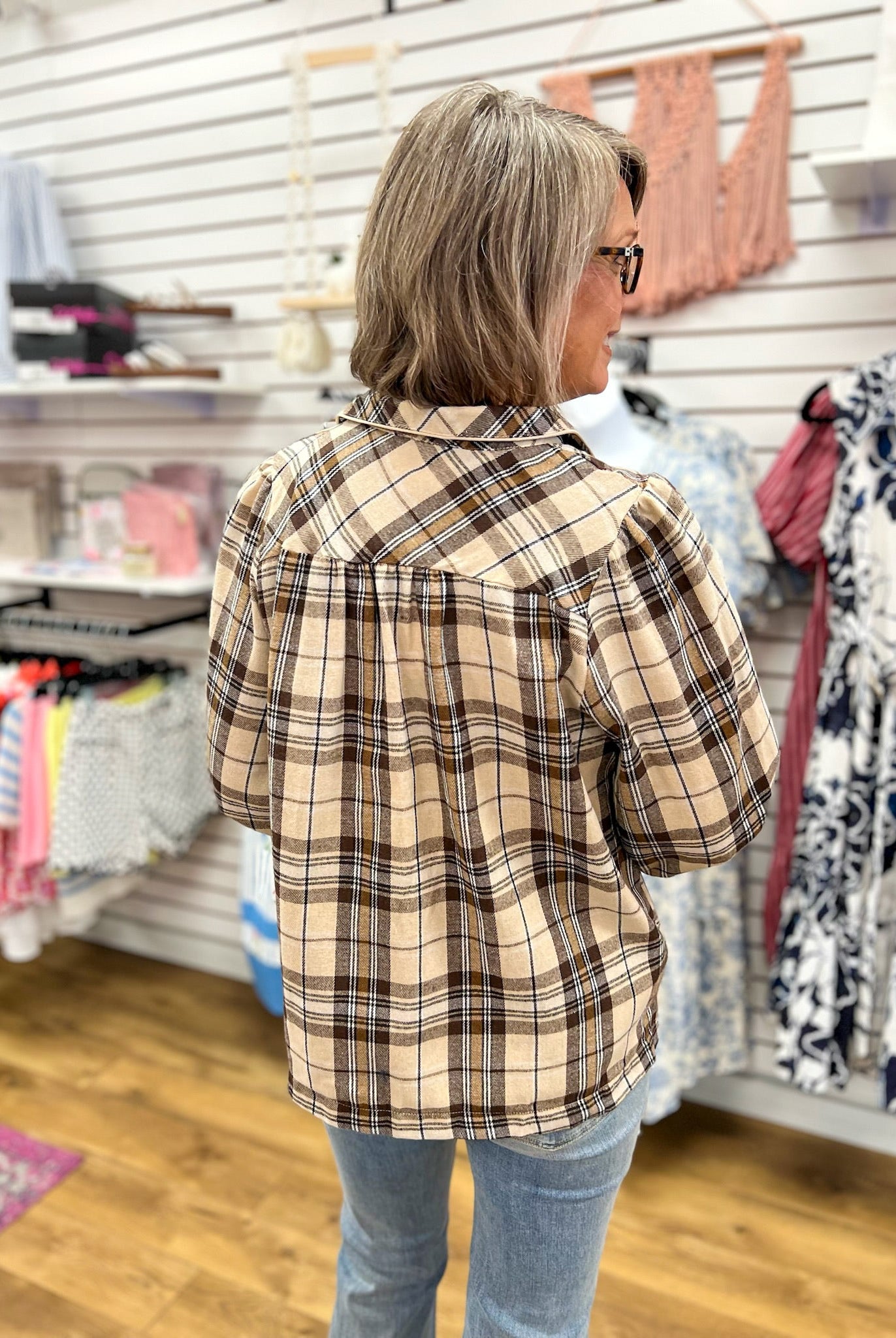 Ecru Plaid V-Neck Top with 3/4 Puff Sleeves - A'Bekah's Boutique