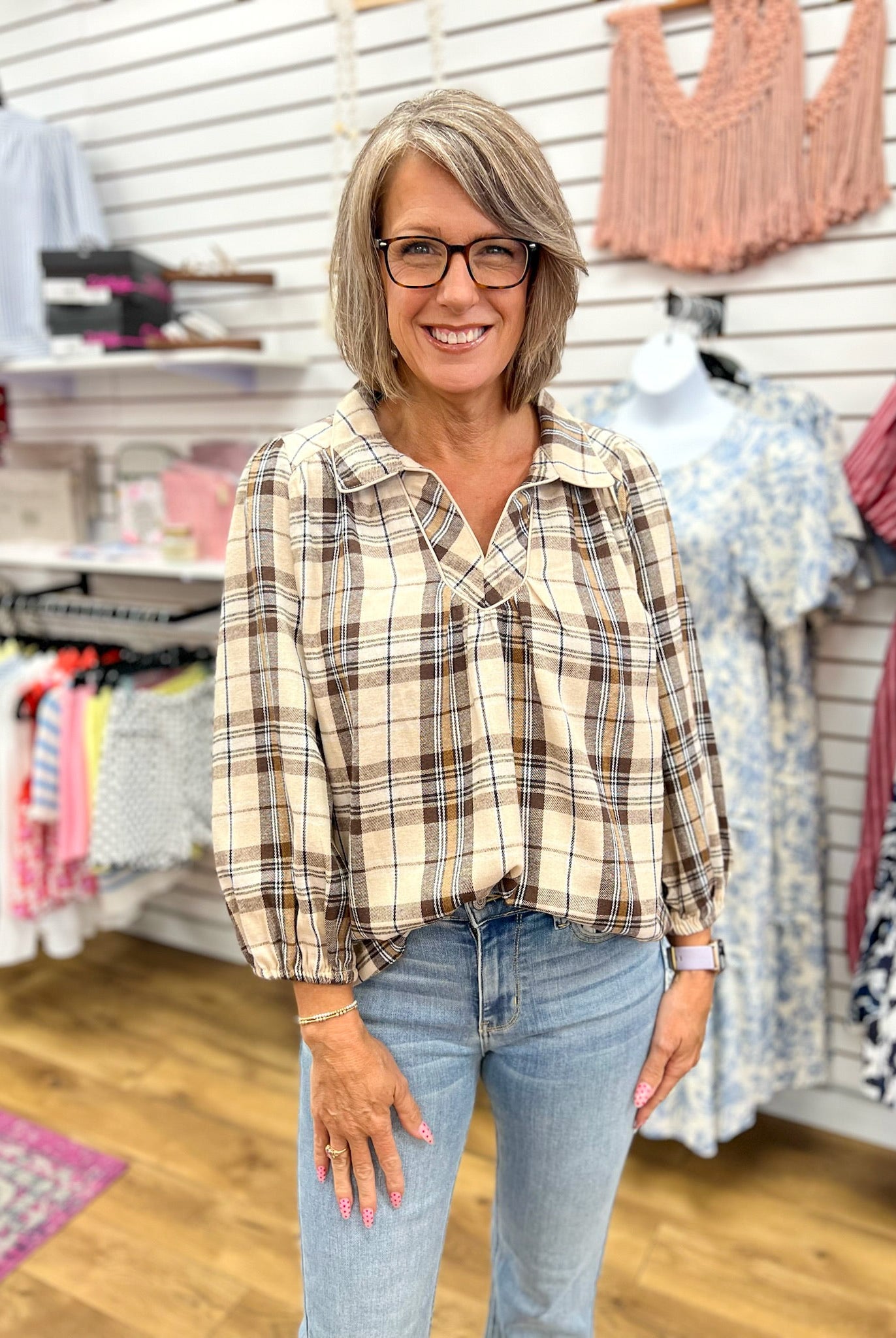 Ecru Plaid V-Neck Top with 3/4 Puff Sleeves - A'Bekah's Boutique