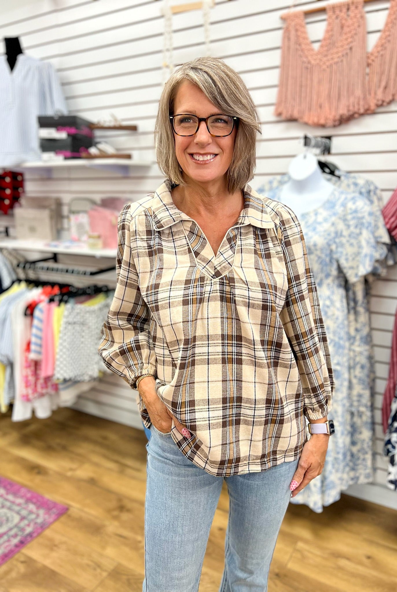 Ecru Plaid V-Neck Top with 3/4 Puff Sleeves - A'Bekah's Boutique