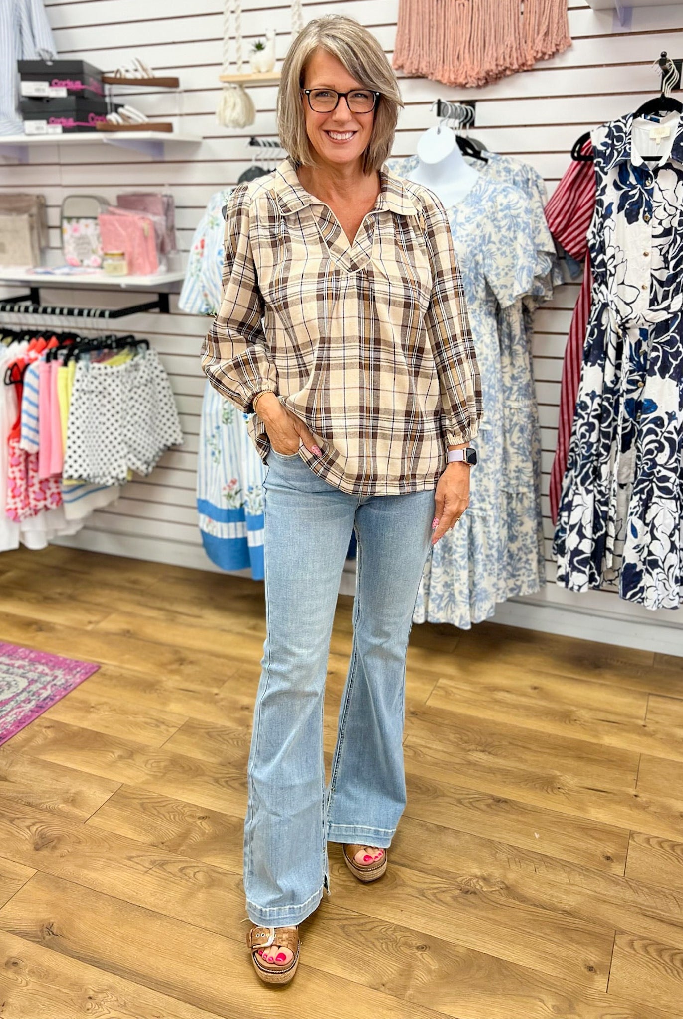 Ecru Plaid V-Neck Top with 3/4 Puff Sleeves - A'Bekah's Boutique
