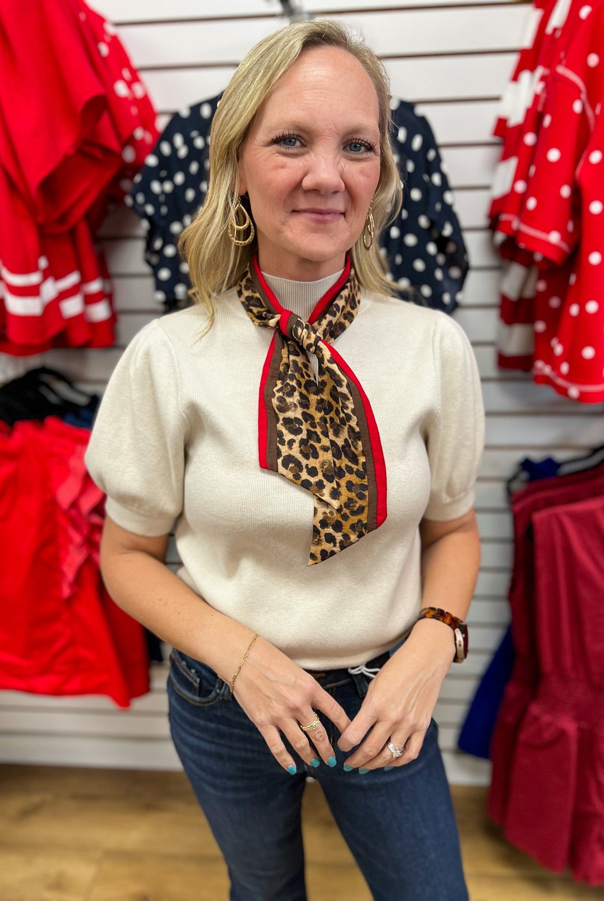Ecru Puff Sleeve Top with Detachable Animal Print Scarf - A'Bekah's Boutique