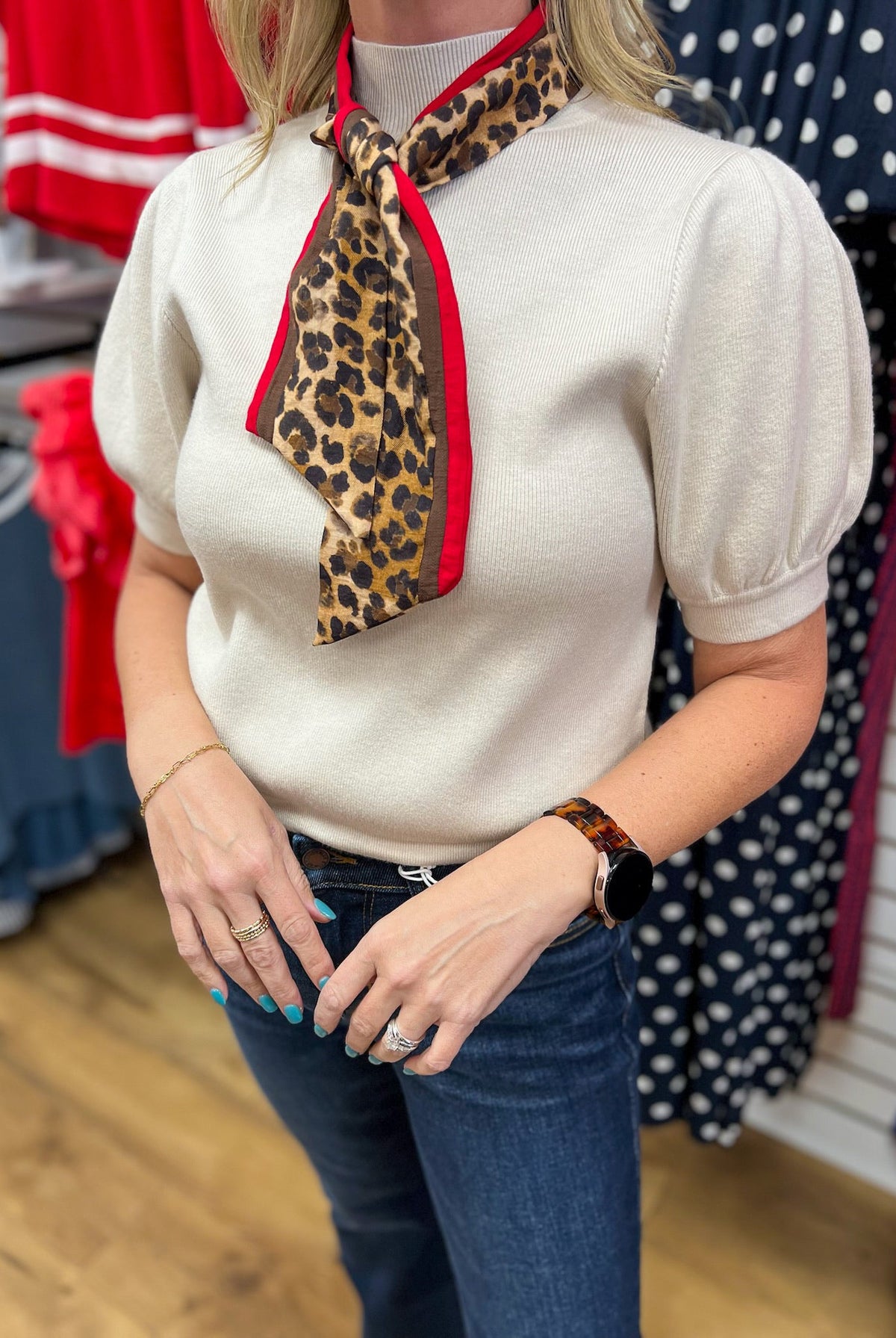 Ecru Puff Sleeve Top with Detachable Animal Print Scarf - A'Bekah's Boutique