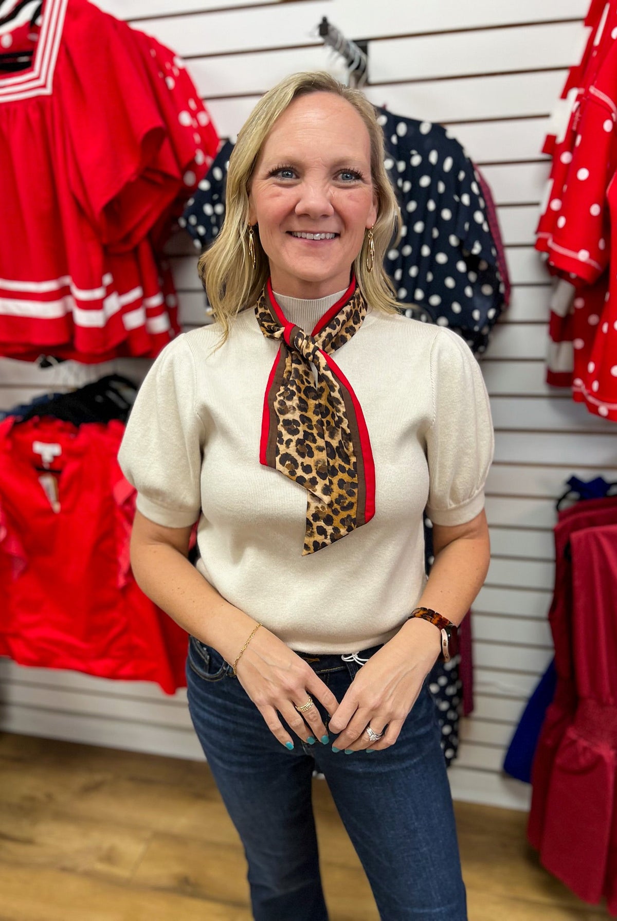 Ecru Puff Sleeve Top with Detachable Animal Print Scarf - A'Bekah's Boutique