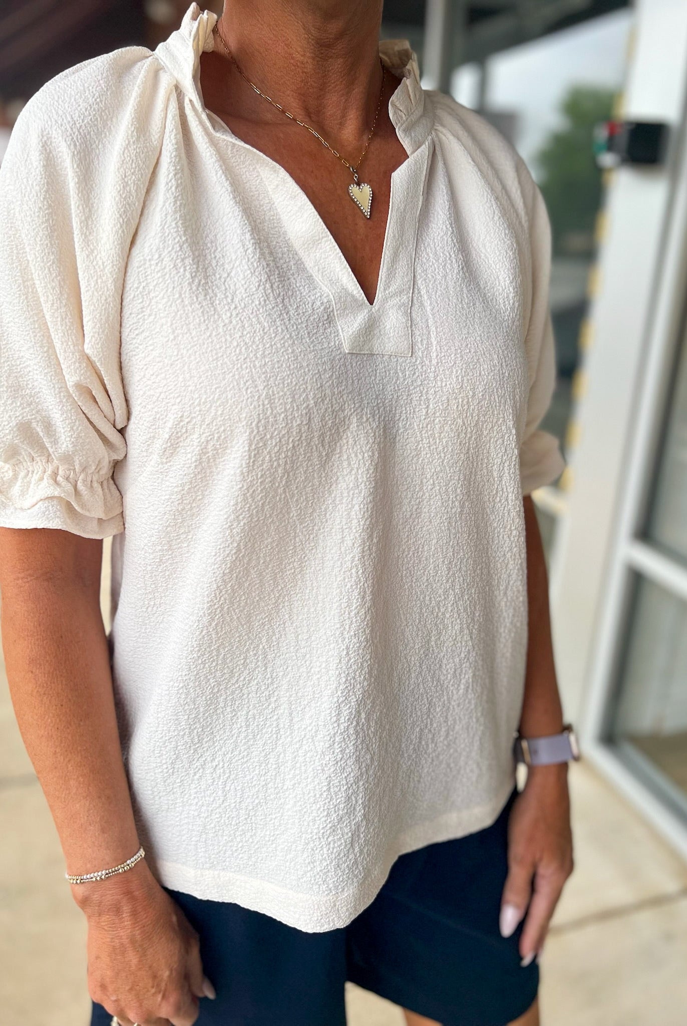 Ecru Seersucker V - Neck Top with Ruffled Bubble Sleeves - A'Bekah's Boutique