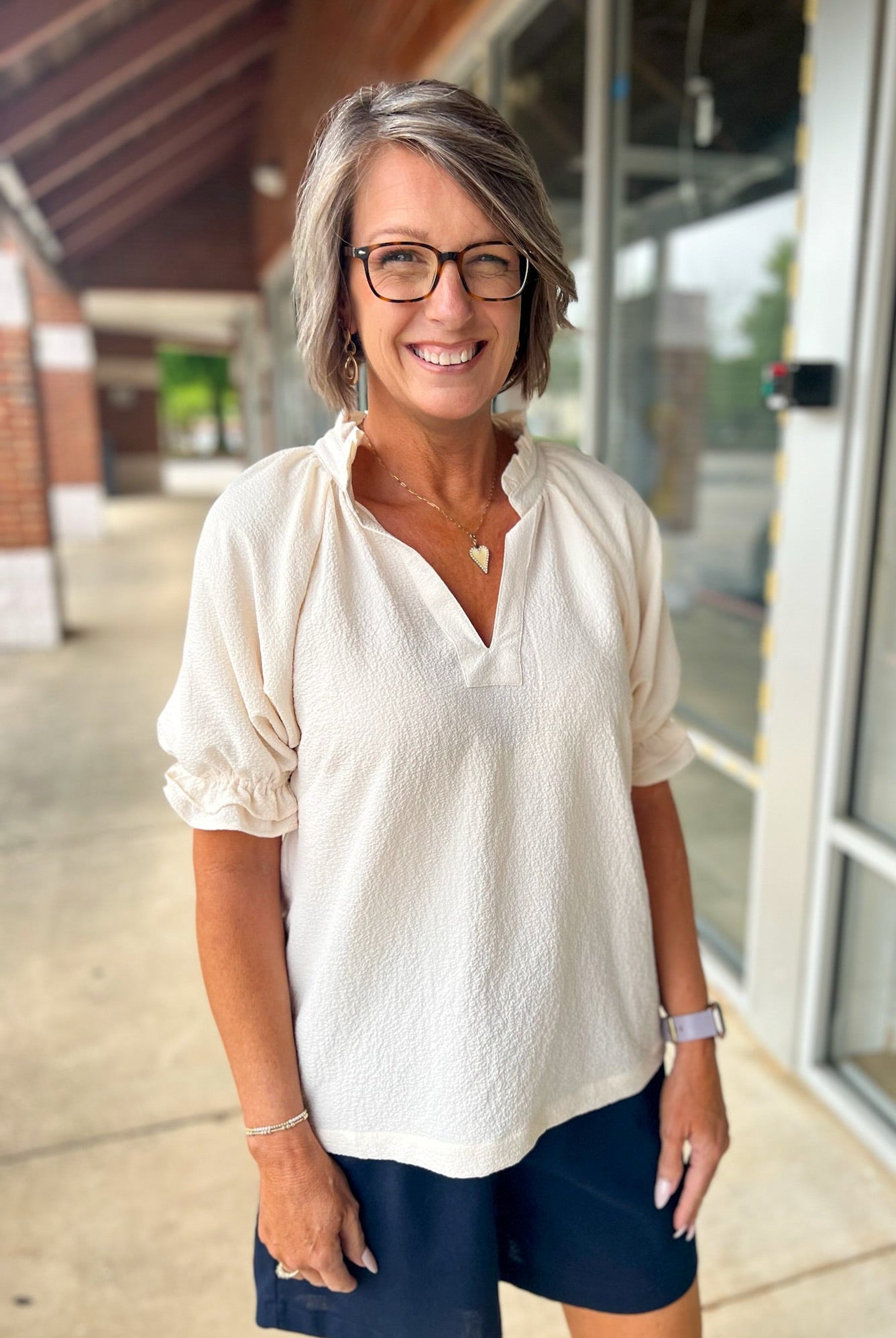Ecru Seersucker V - Neck Top with Ruffled Bubble Sleeves - A'Bekah's Boutique