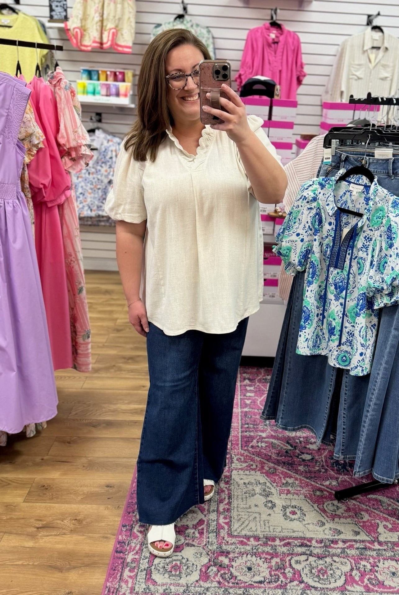 Ecru Seersucker V - Neck Top with Ruffled Bubble Sleeves - A'Bekah's Boutique