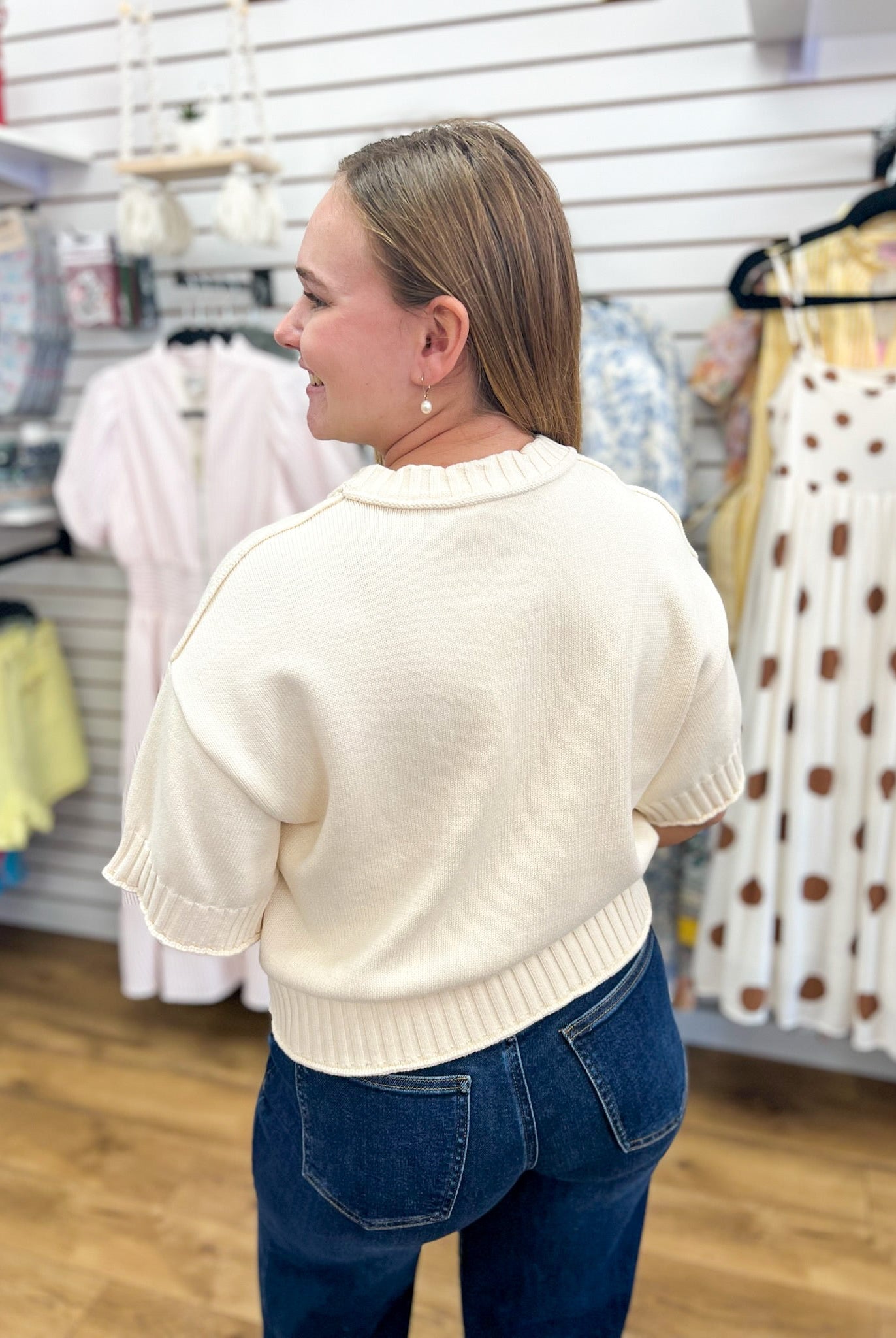 Ecru Short Sleeve Sweater with Drop Shoulder - A'Bekah's Boutique