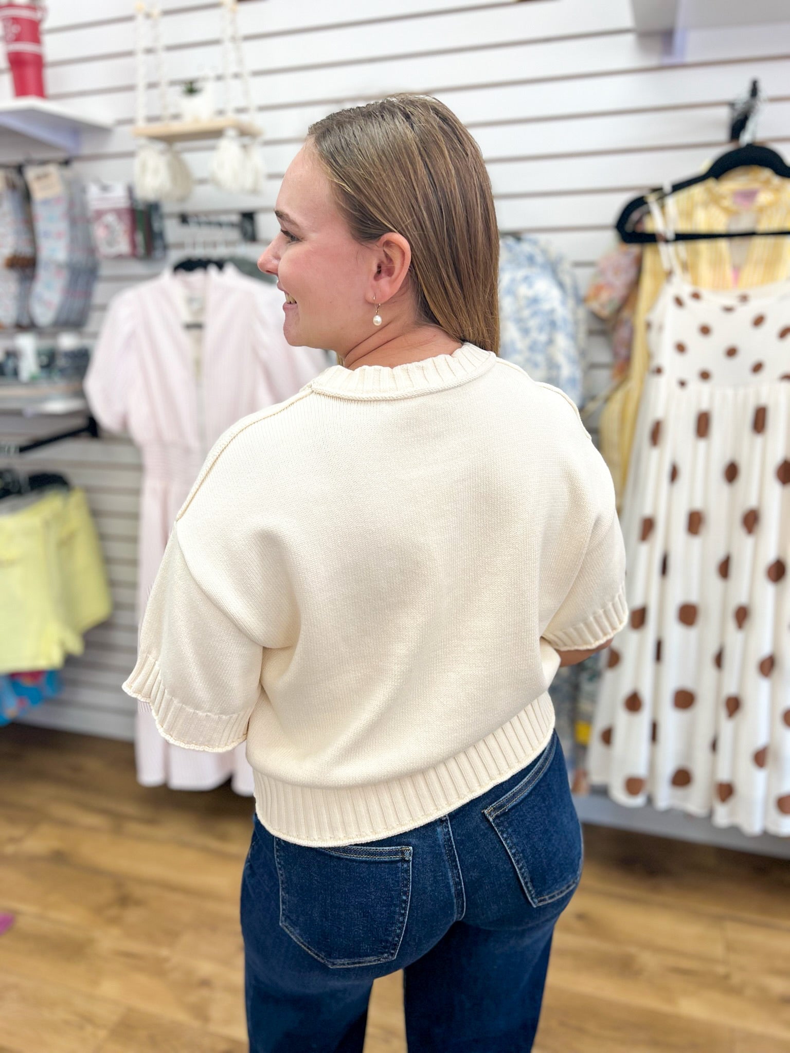 Ecru Short Sleeve Sweater with Drop Shoulder - A'Bekah's Boutique