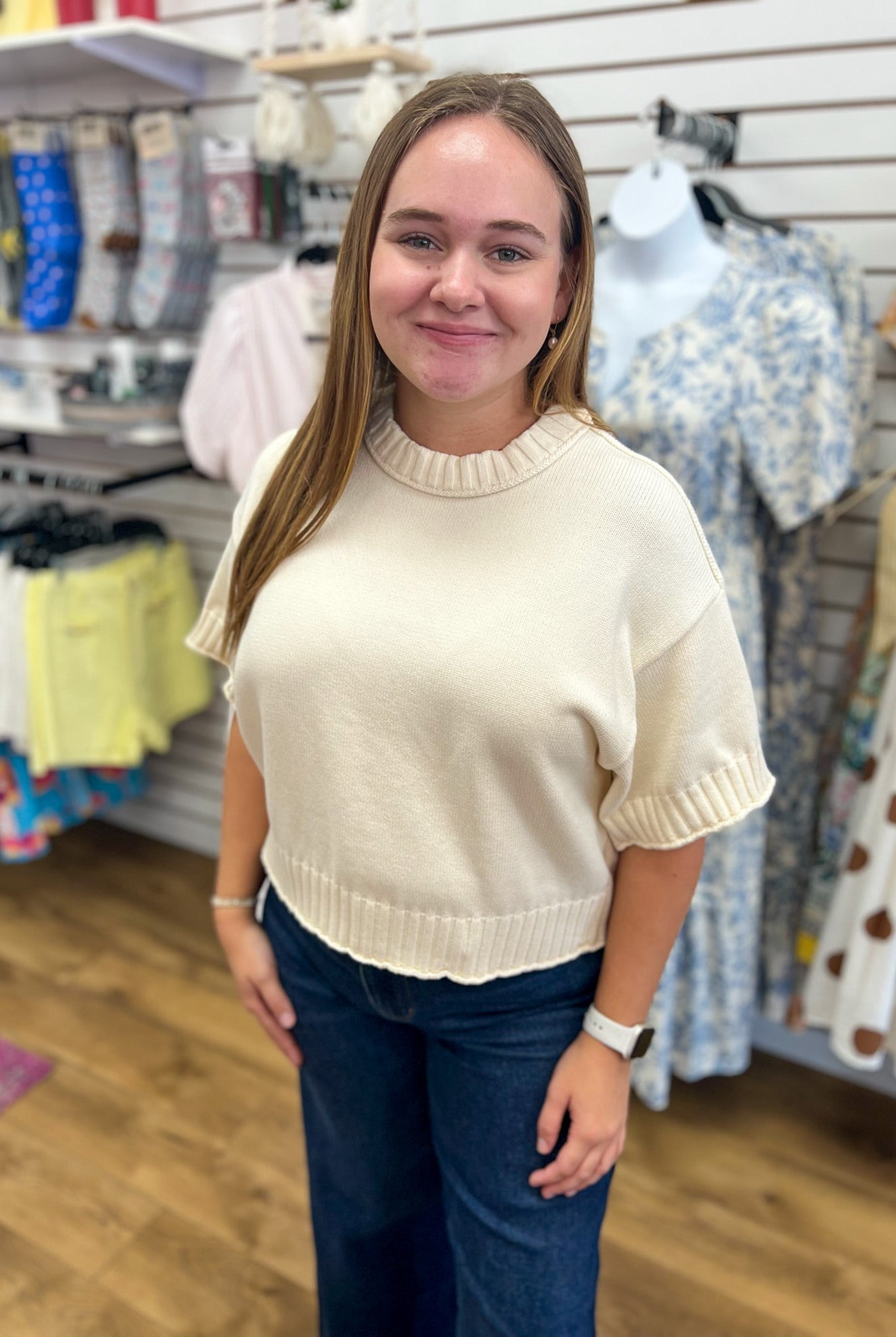 Ecru Short Sleeve Sweater with Drop Shoulder - A'Bekah's Boutique