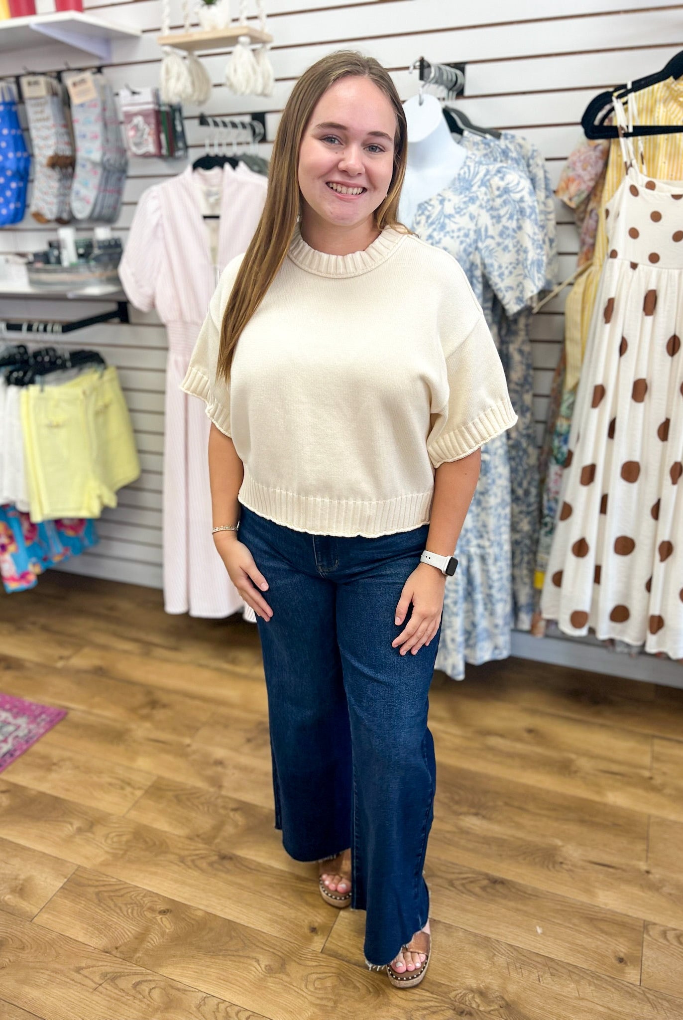 Ecru Short Sleeve Sweater with Drop Shoulder - A'Bekah's Boutique
