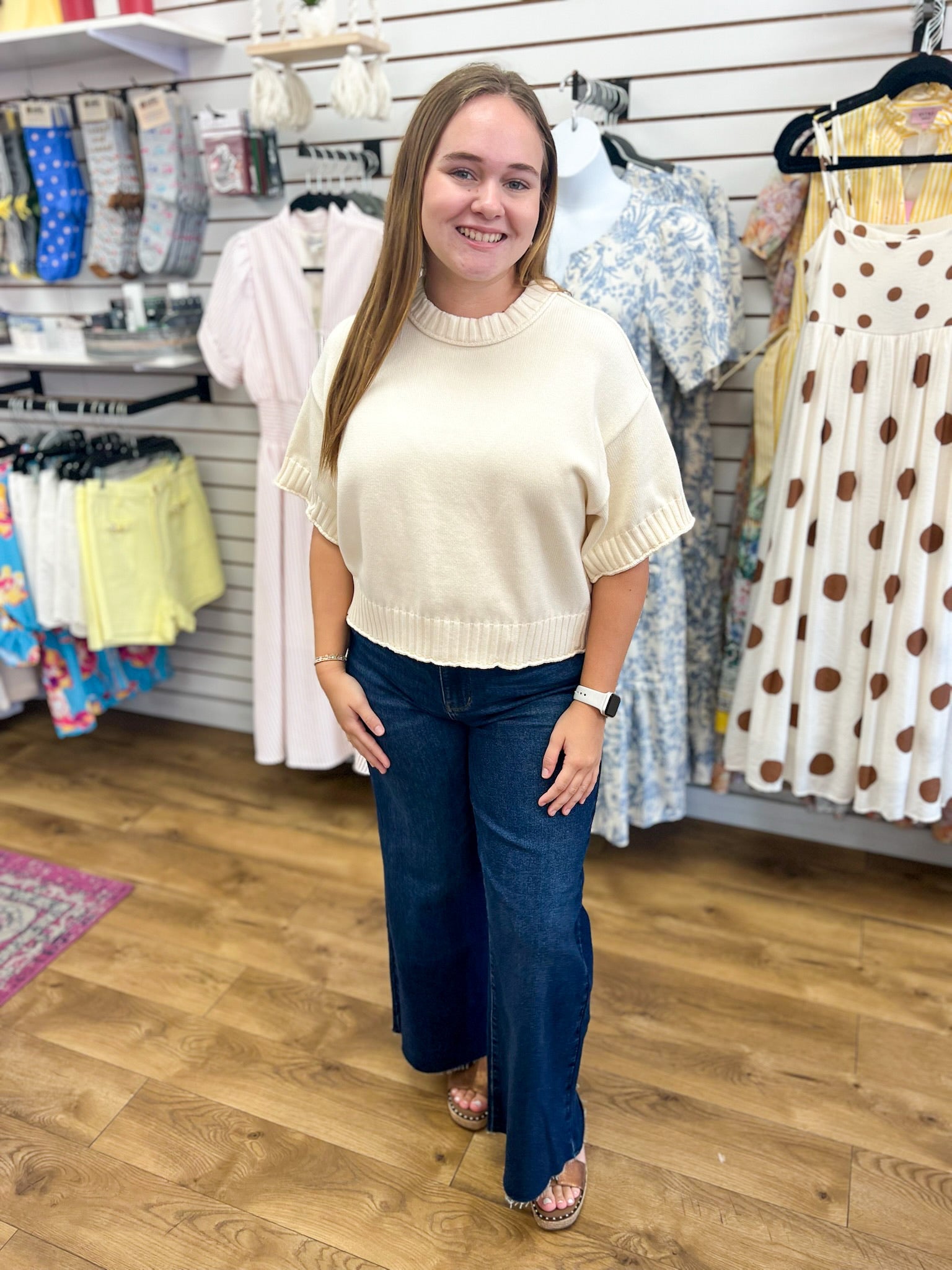 Ecru Short Sleeve Sweater with Drop Shoulder - A'Bekah's Boutique